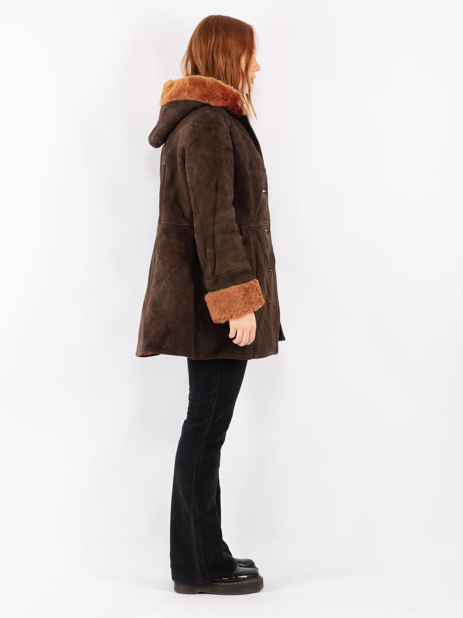 Vintage 70's Women Hooded Sheepskin Coat in Brown