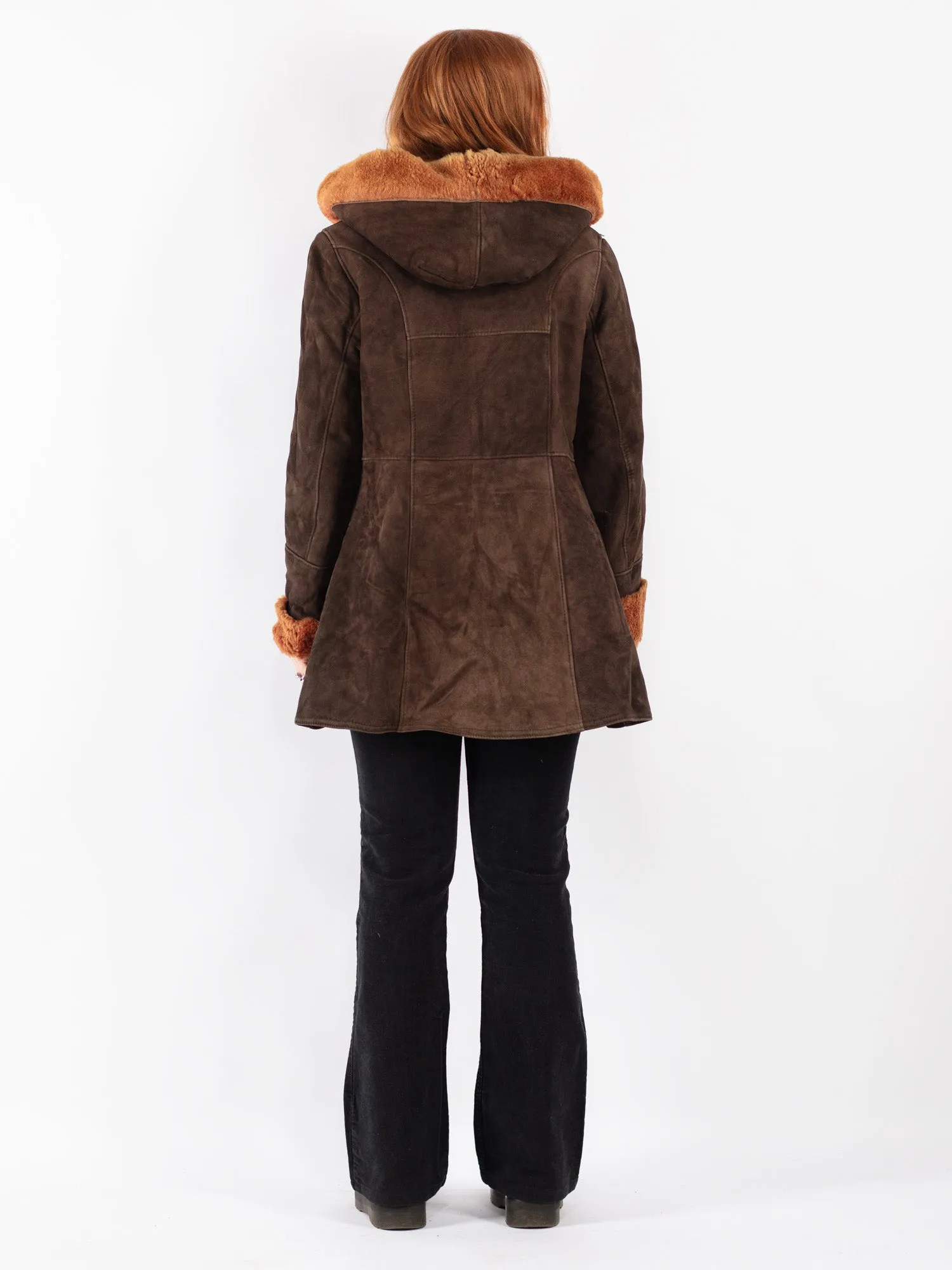 Vintage 70's Women Hooded Sheepskin Coat in Brown