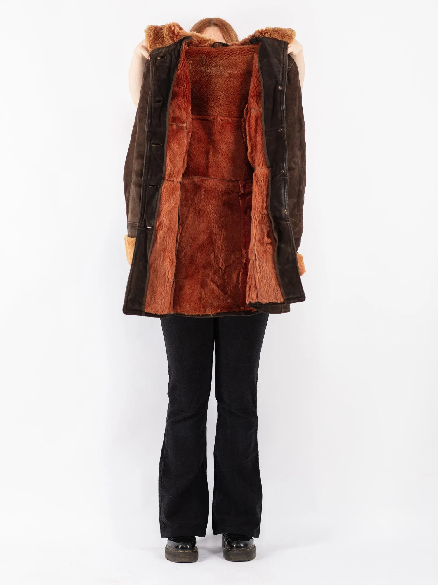 Vintage 70's Women Hooded Sheepskin Coat in Brown