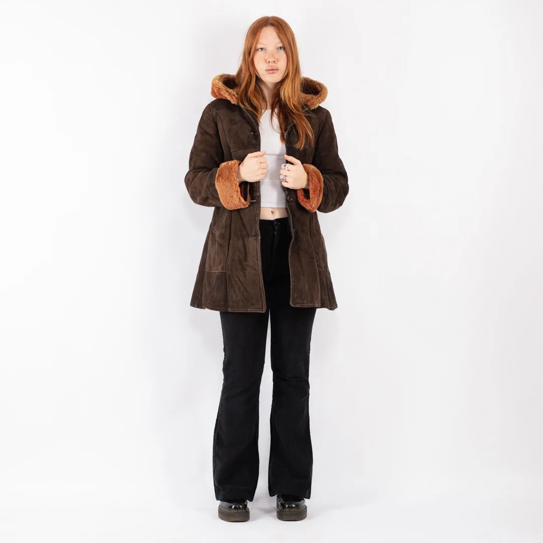 Vintage 70's Women Hooded Sheepskin Coat in Brown