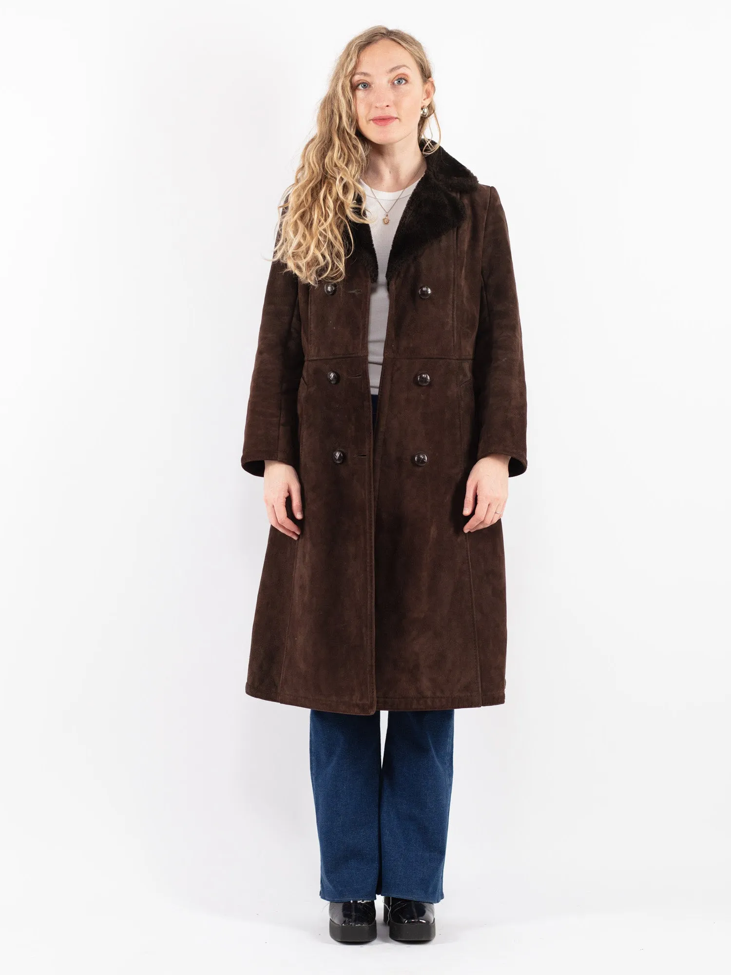 Vintage 70's Women Sheepskin Long Coat in Brown