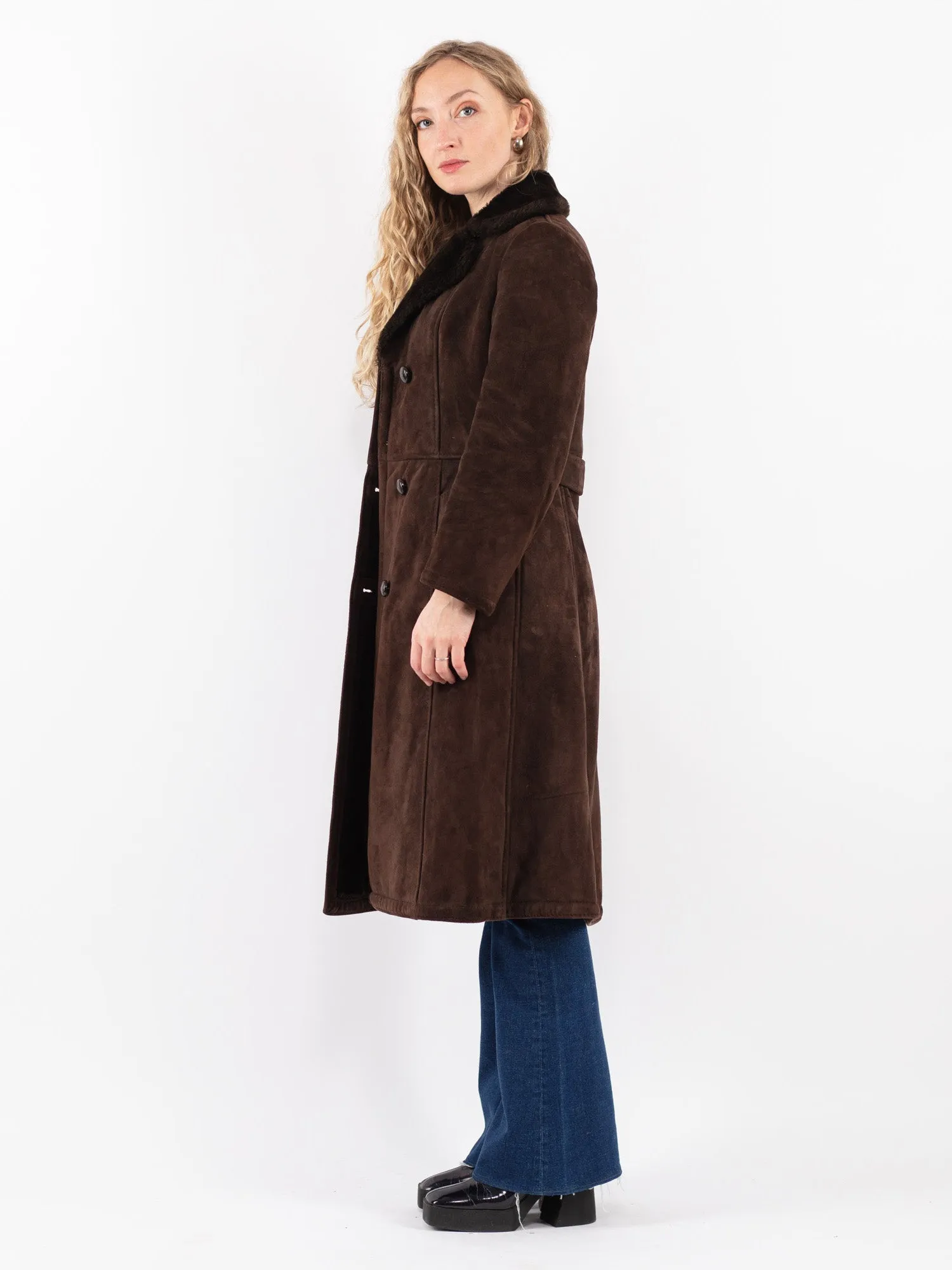 Vintage 70's Women Sheepskin Long Coat in Brown