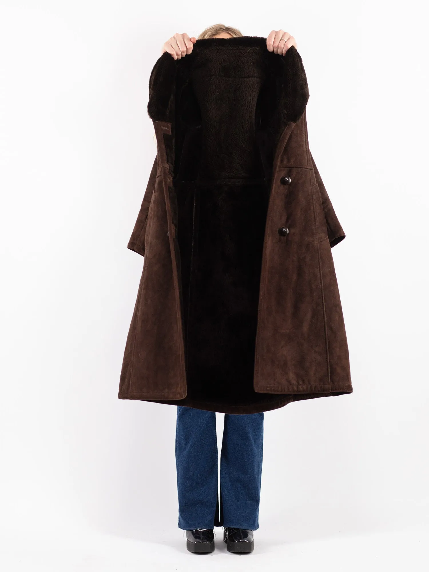 Vintage 70's Women Sheepskin Long Coat in Brown