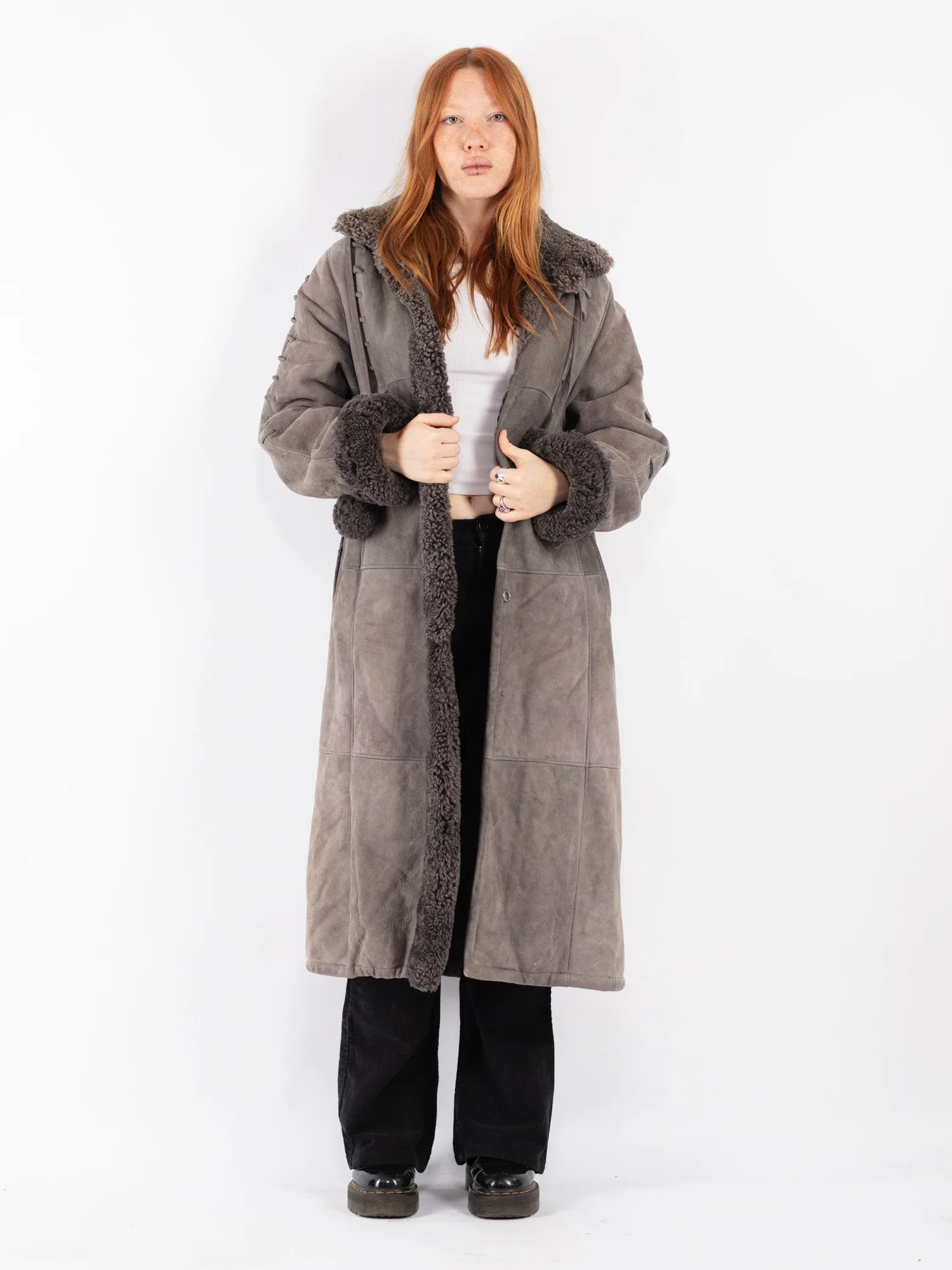 Vintage 70's Women Sheepskin Long Coat in Gray