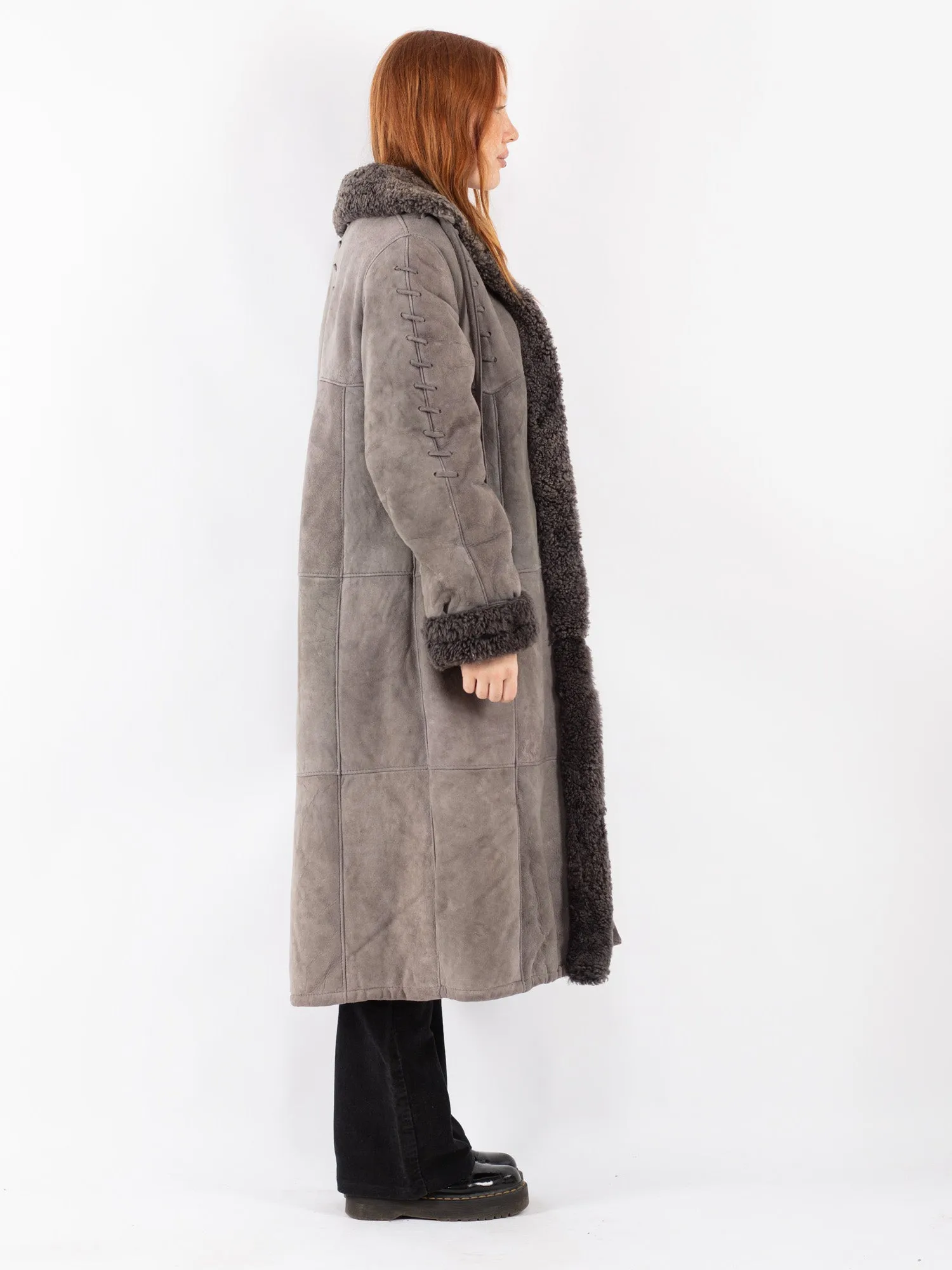 Vintage 70's Women Sheepskin Long Coat in Gray