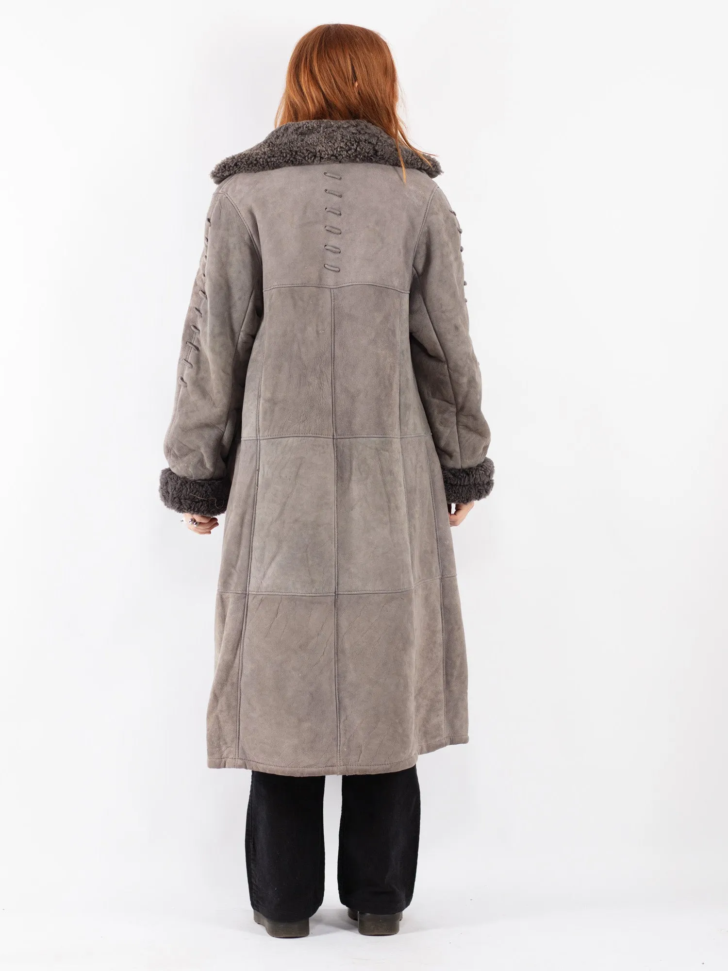 Vintage 70's Women Sheepskin Long Coat in Gray