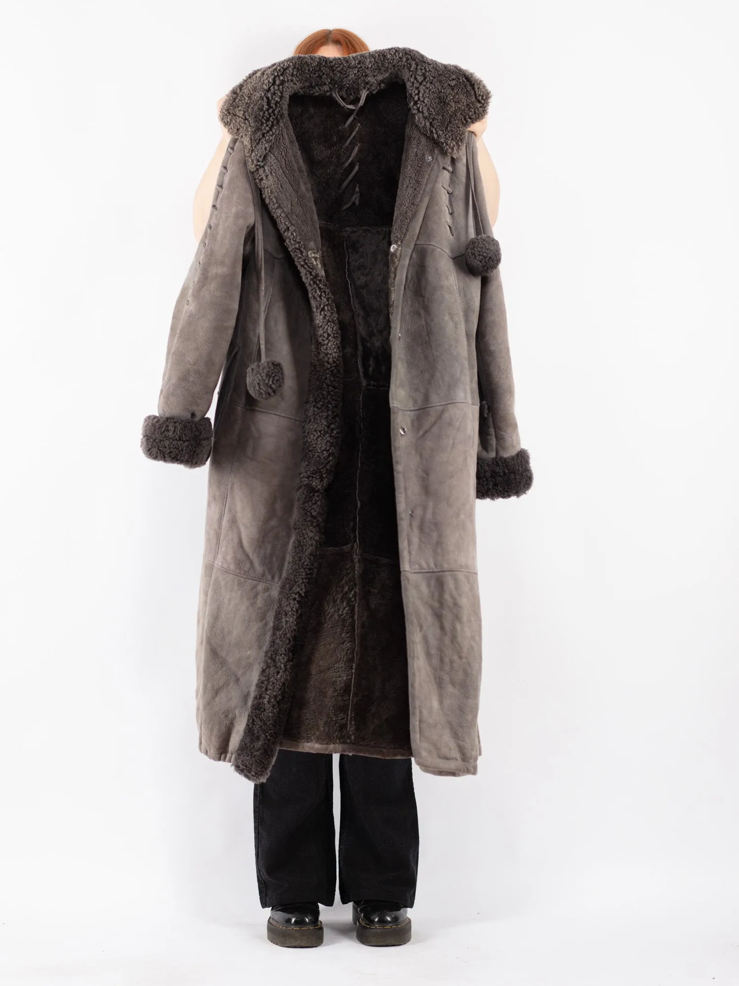 Vintage 70's Women Sheepskin Long Coat in Gray