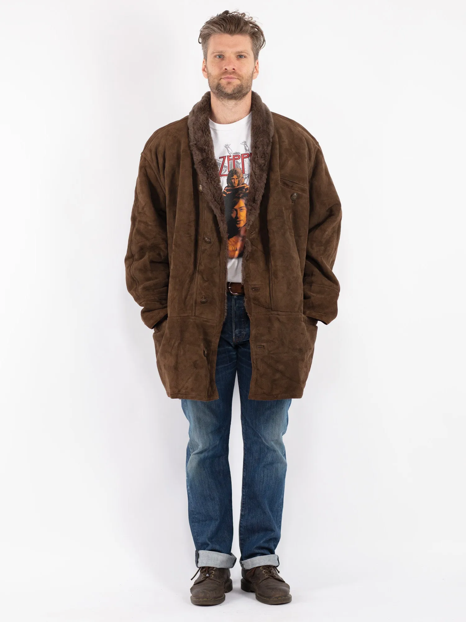 Vintage 80's Men Oversized Sheepskin Coat in Brown