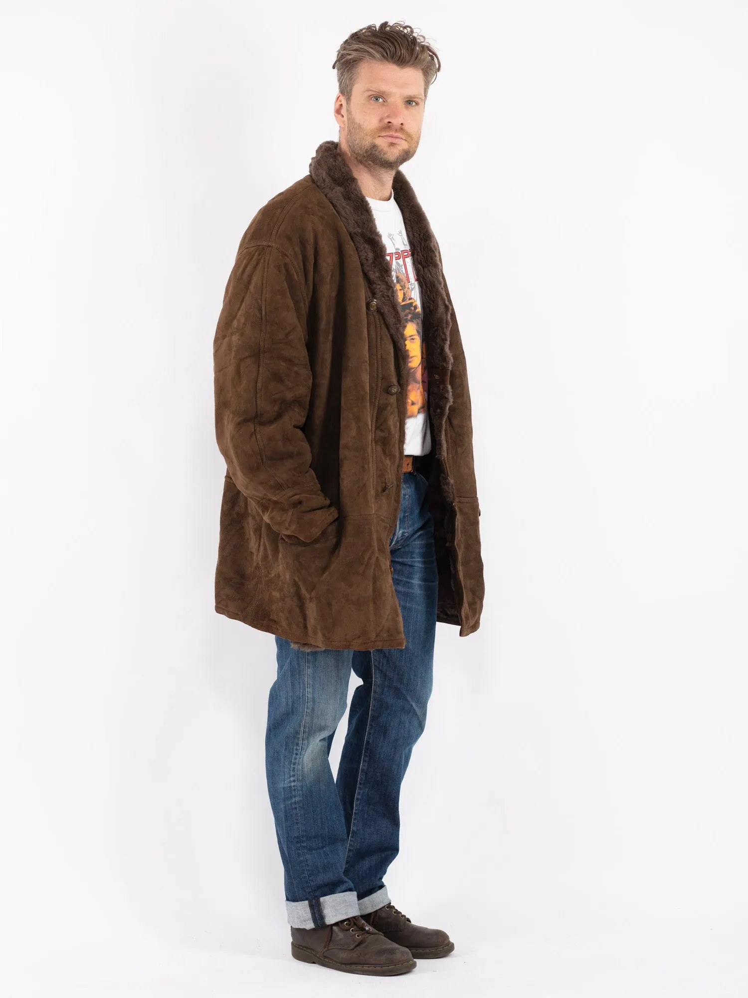 Vintage 80's Men Oversized Sheepskin Coat in Brown