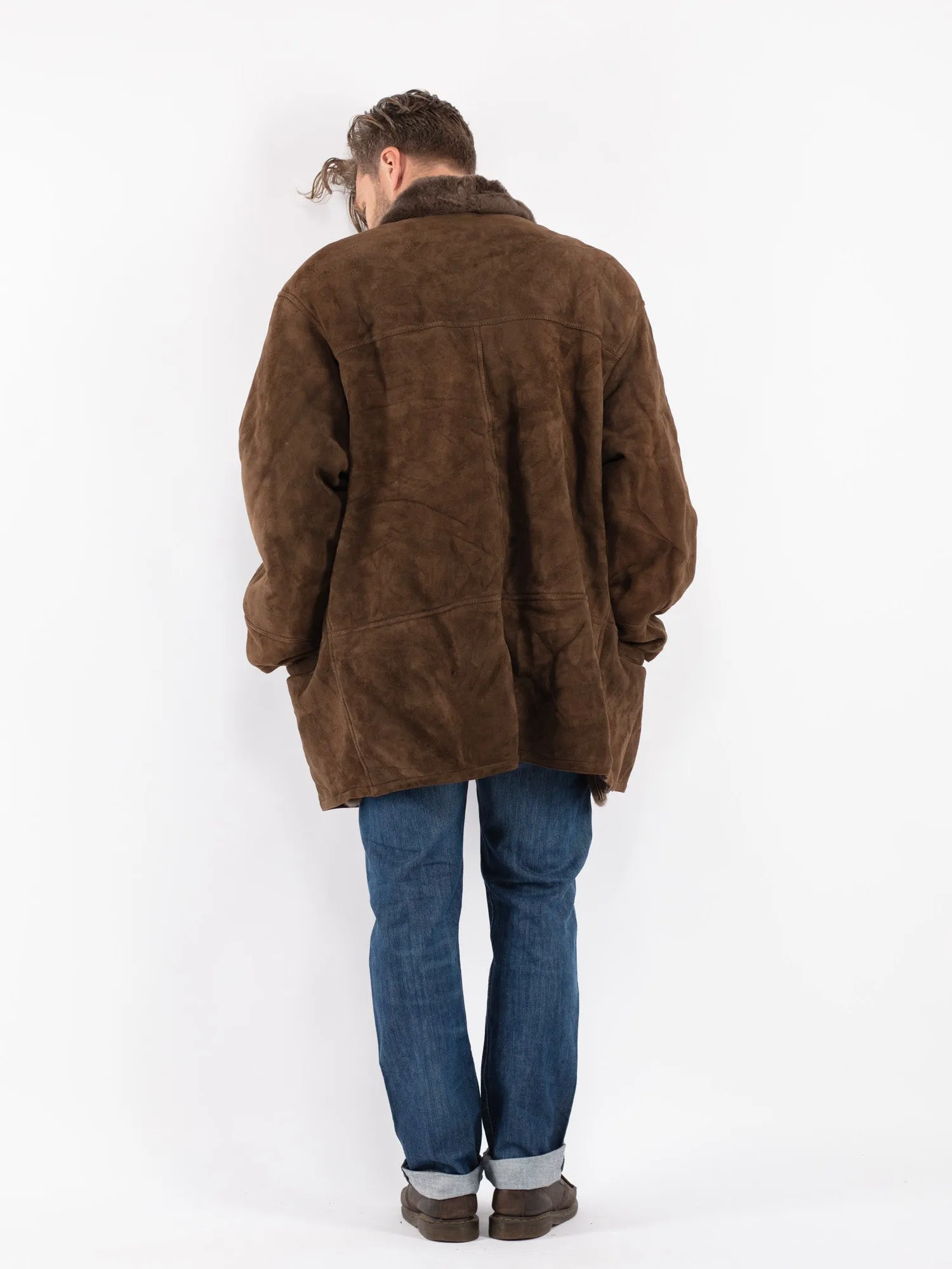 Vintage 80's Men Oversized Sheepskin Coat in Brown