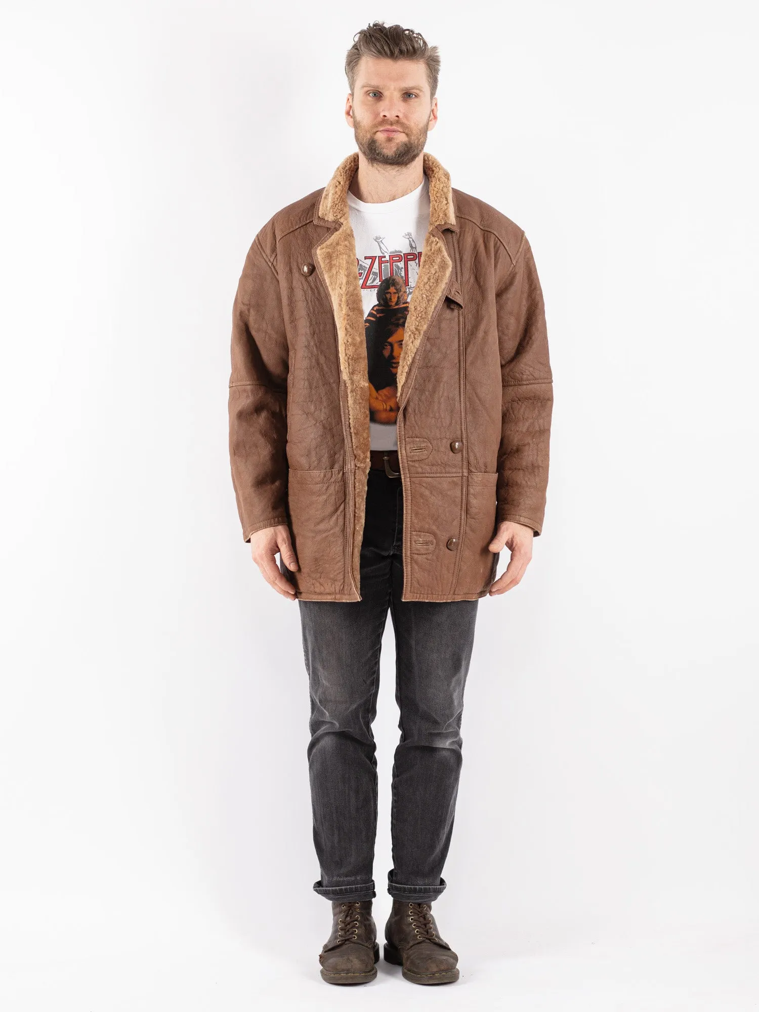 Vintage 80's Men Sheepskin Coat in Brown