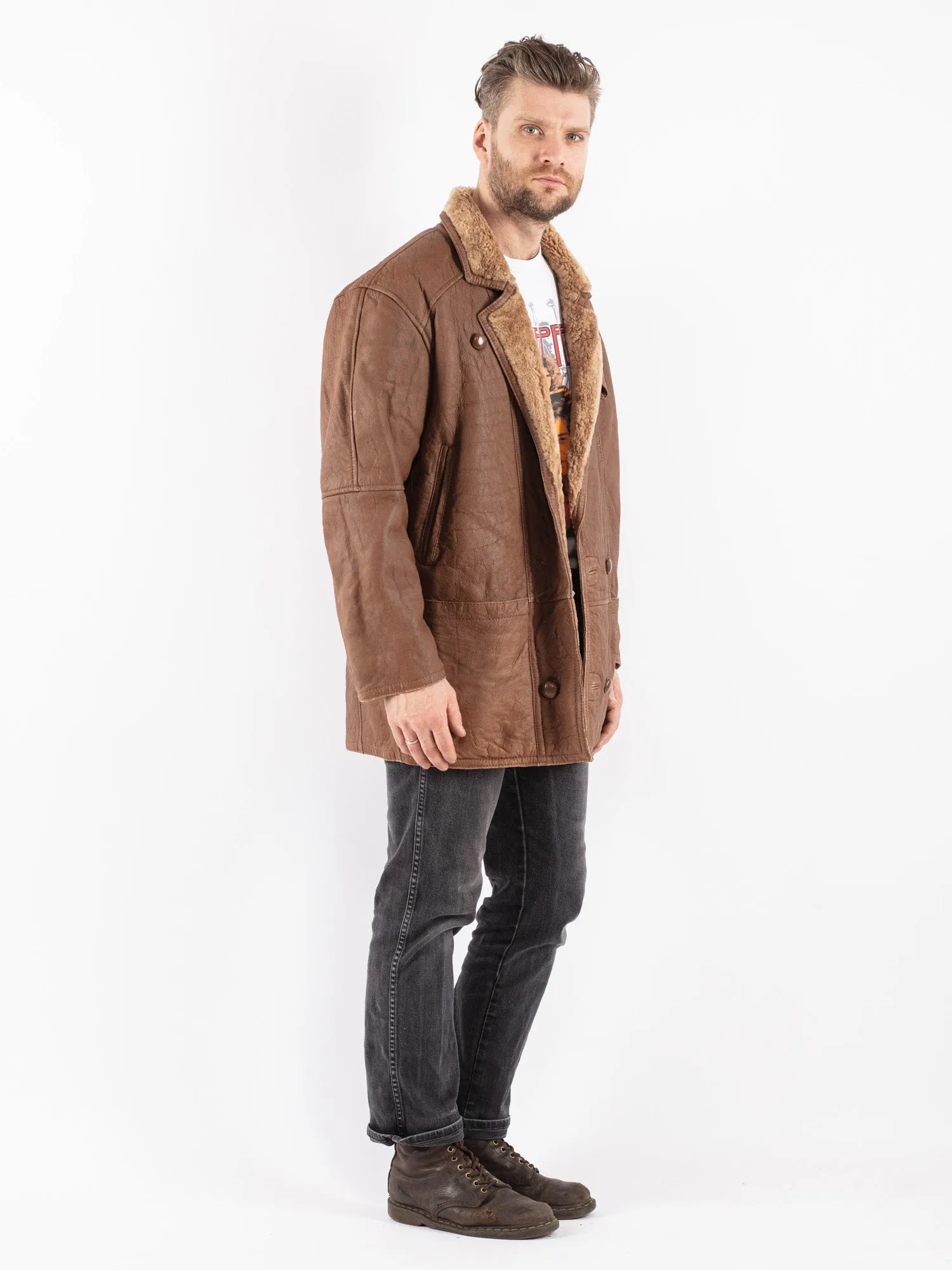 Vintage 80's Men Sheepskin Coat in Brown