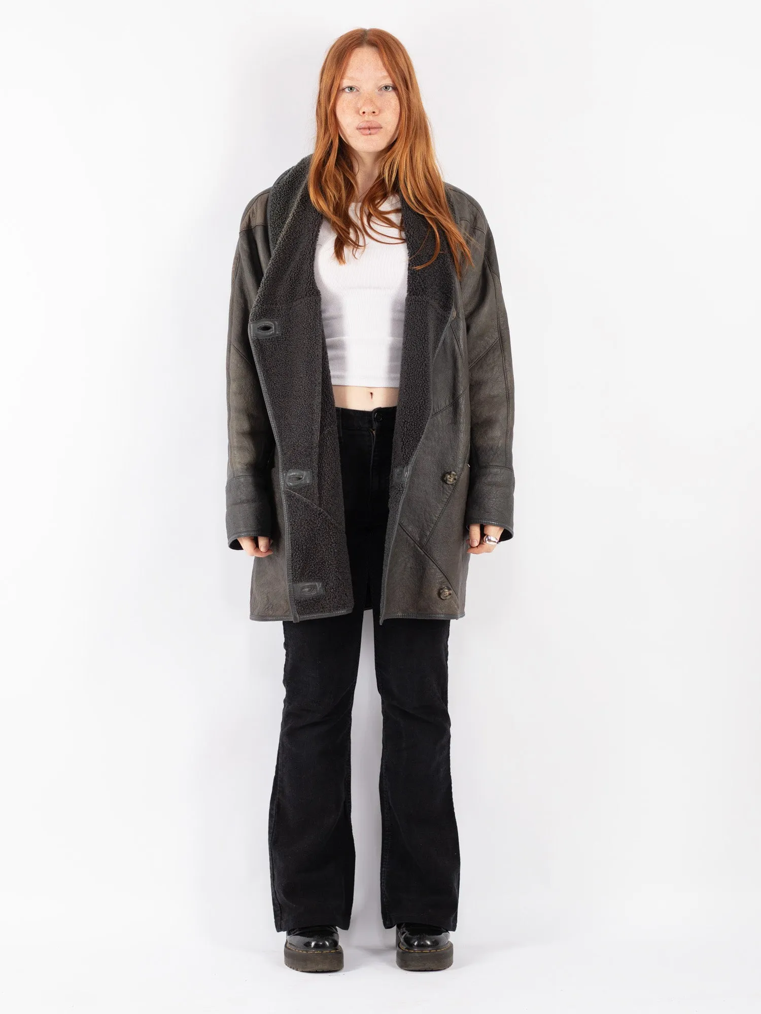 Vintage 80's Women Sheepskin Coat in Gray