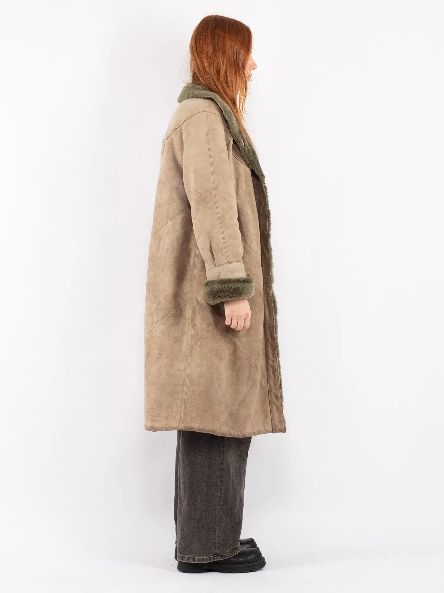 Vintage 80's Women Sheepskin Long Coat in Beige