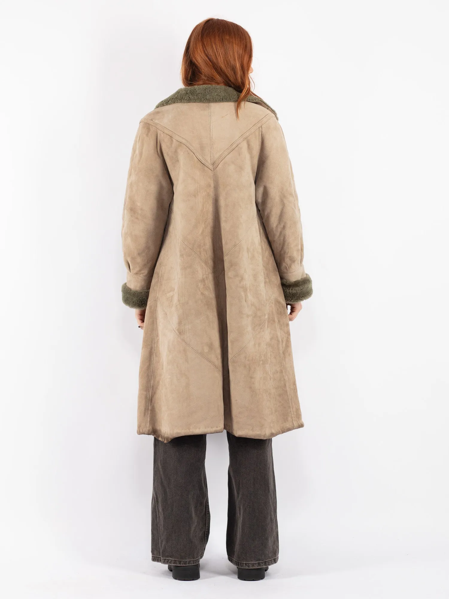 Vintage 80's Women Sheepskin Long Coat in Beige