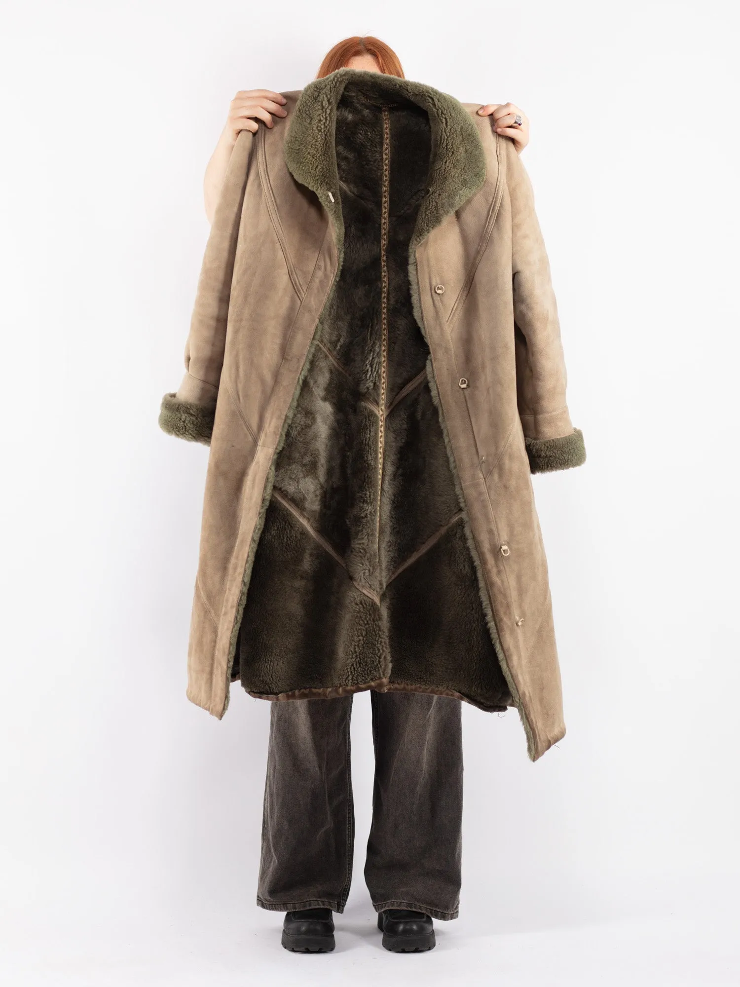 Vintage 80's Women Sheepskin Long Coat in Beige