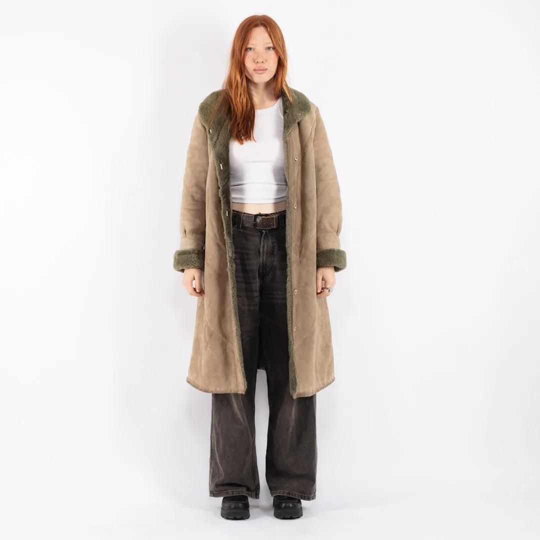 Vintage 80's Women Sheepskin Long Coat in Beige