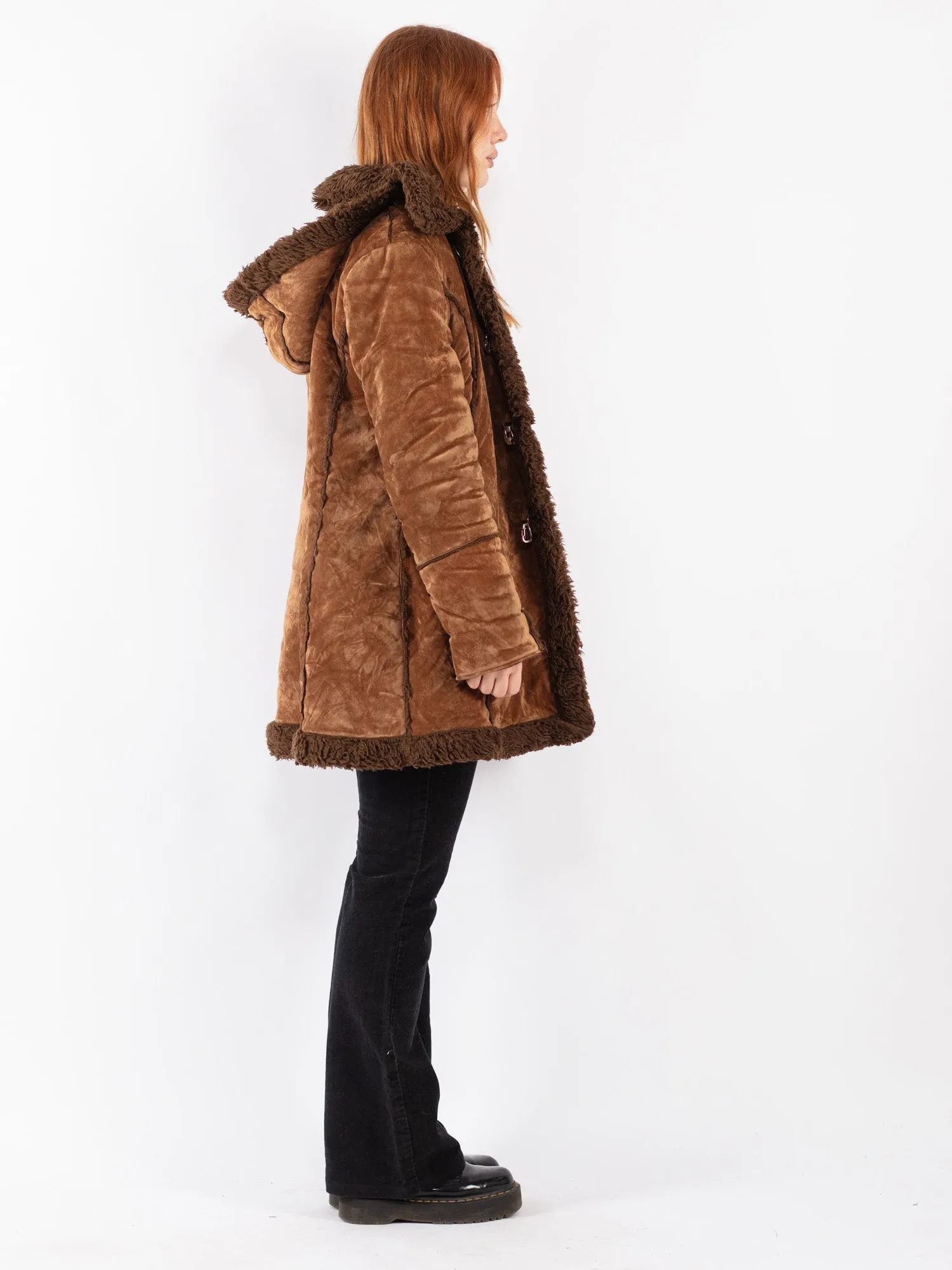 Vintage 90's Women Faux Sheepskin Coat in Brown