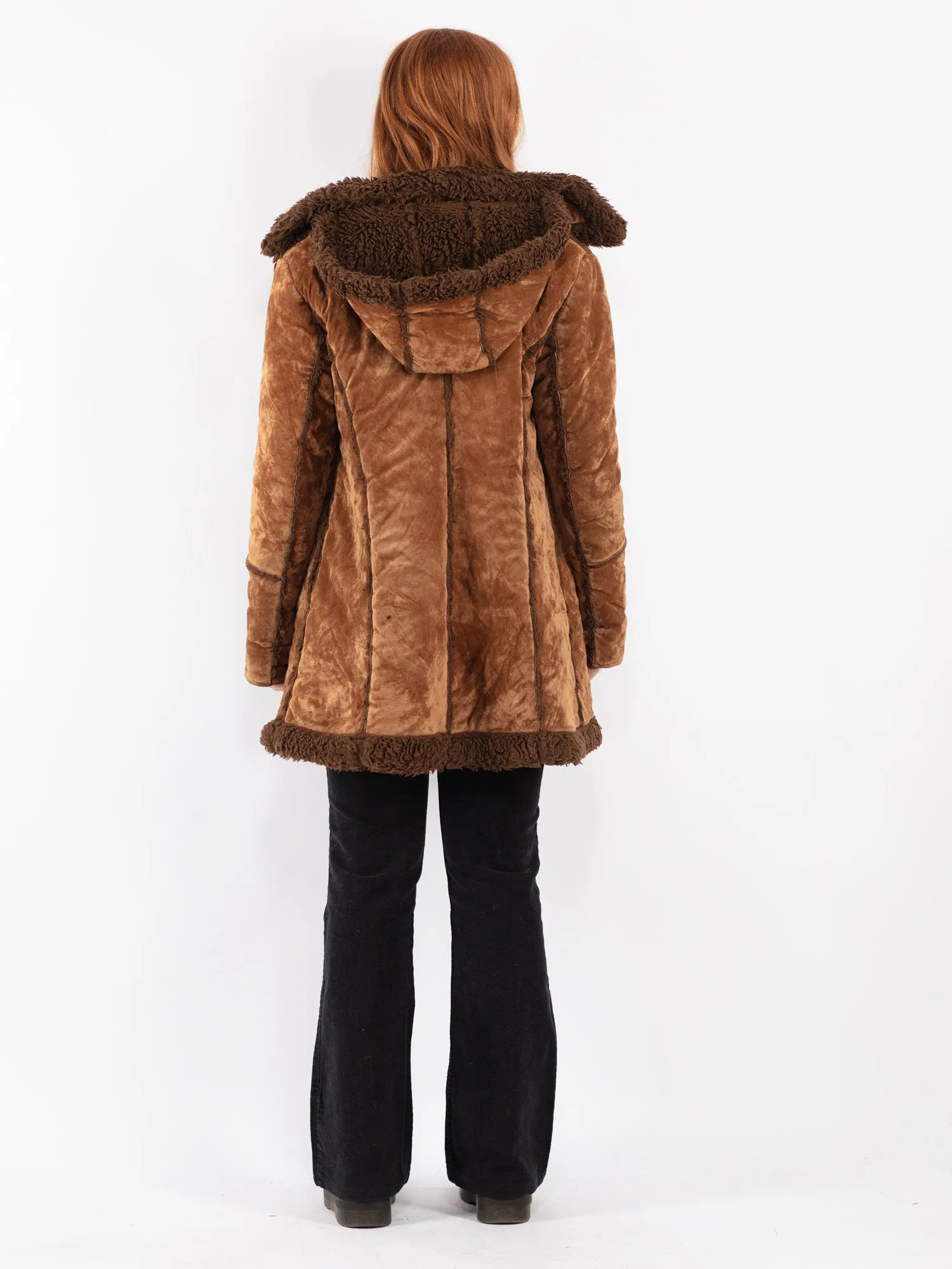 Vintage 90's Women Faux Sheepskin Coat in Brown