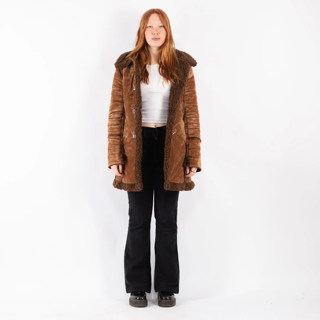 Vintage 90's Women Faux Sheepskin Coat in Brown