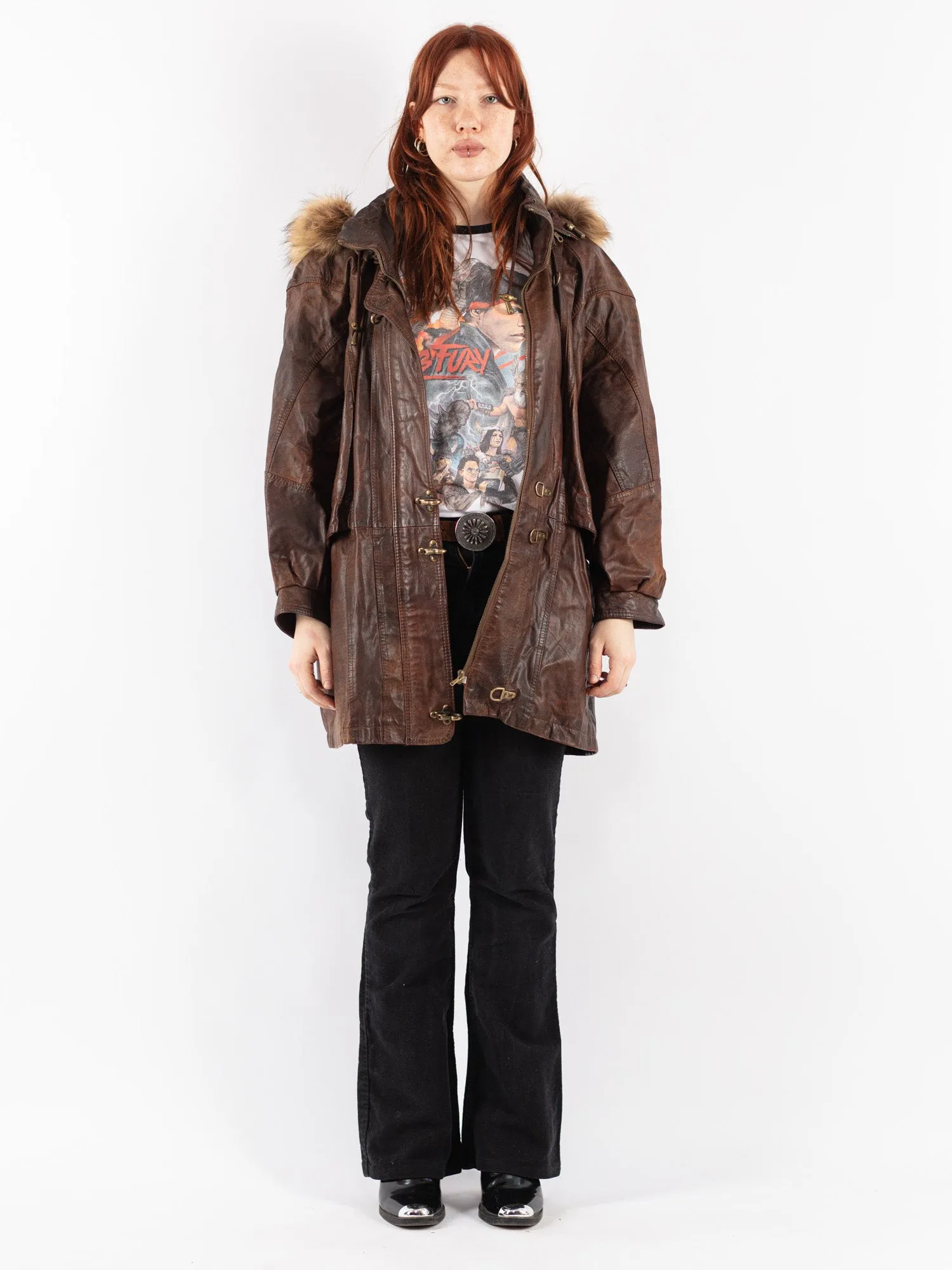 Vintage 90's Women Hooded Leather Coat in Brown