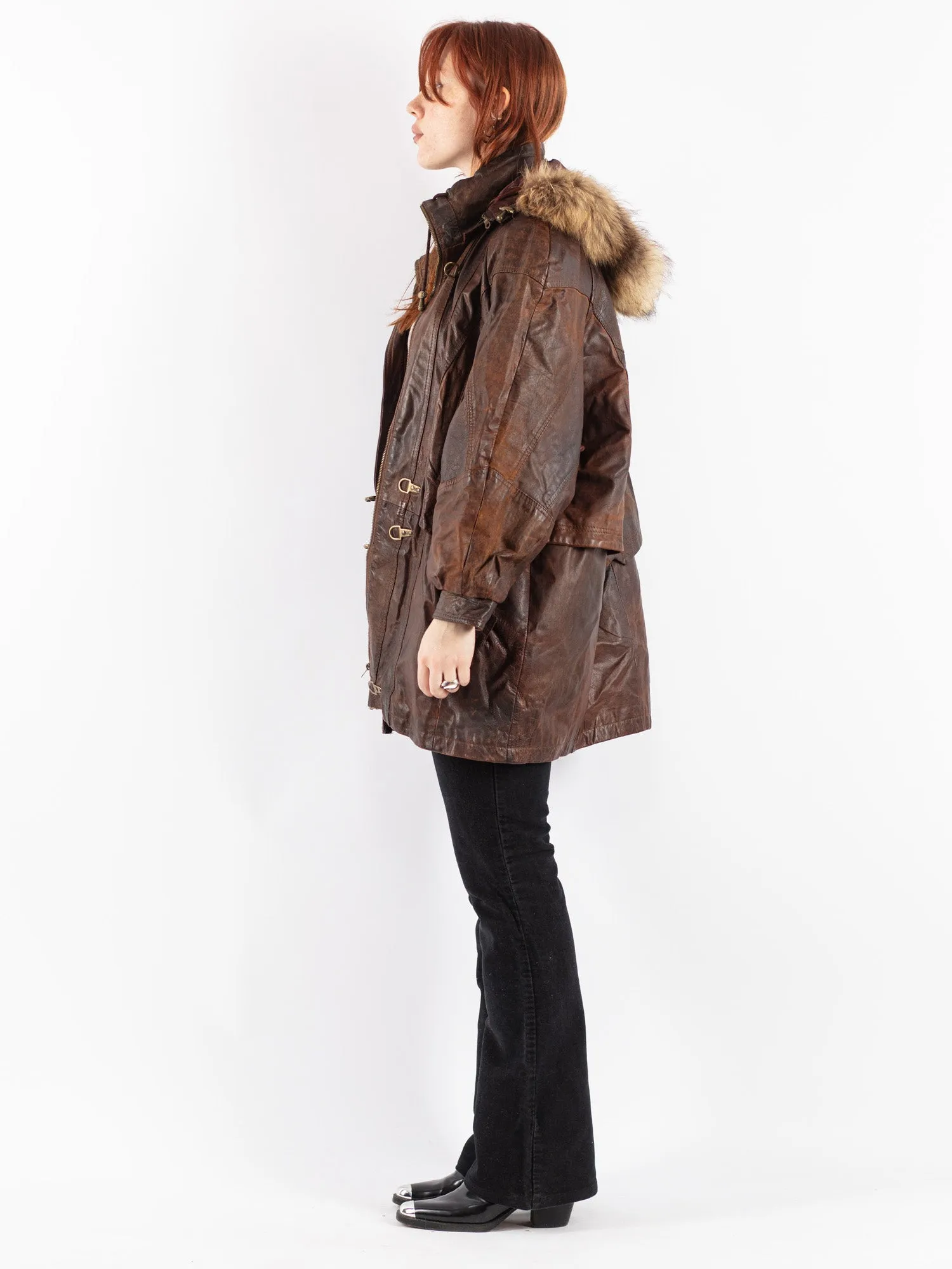 Vintage 90's Women Hooded Leather Coat in Brown