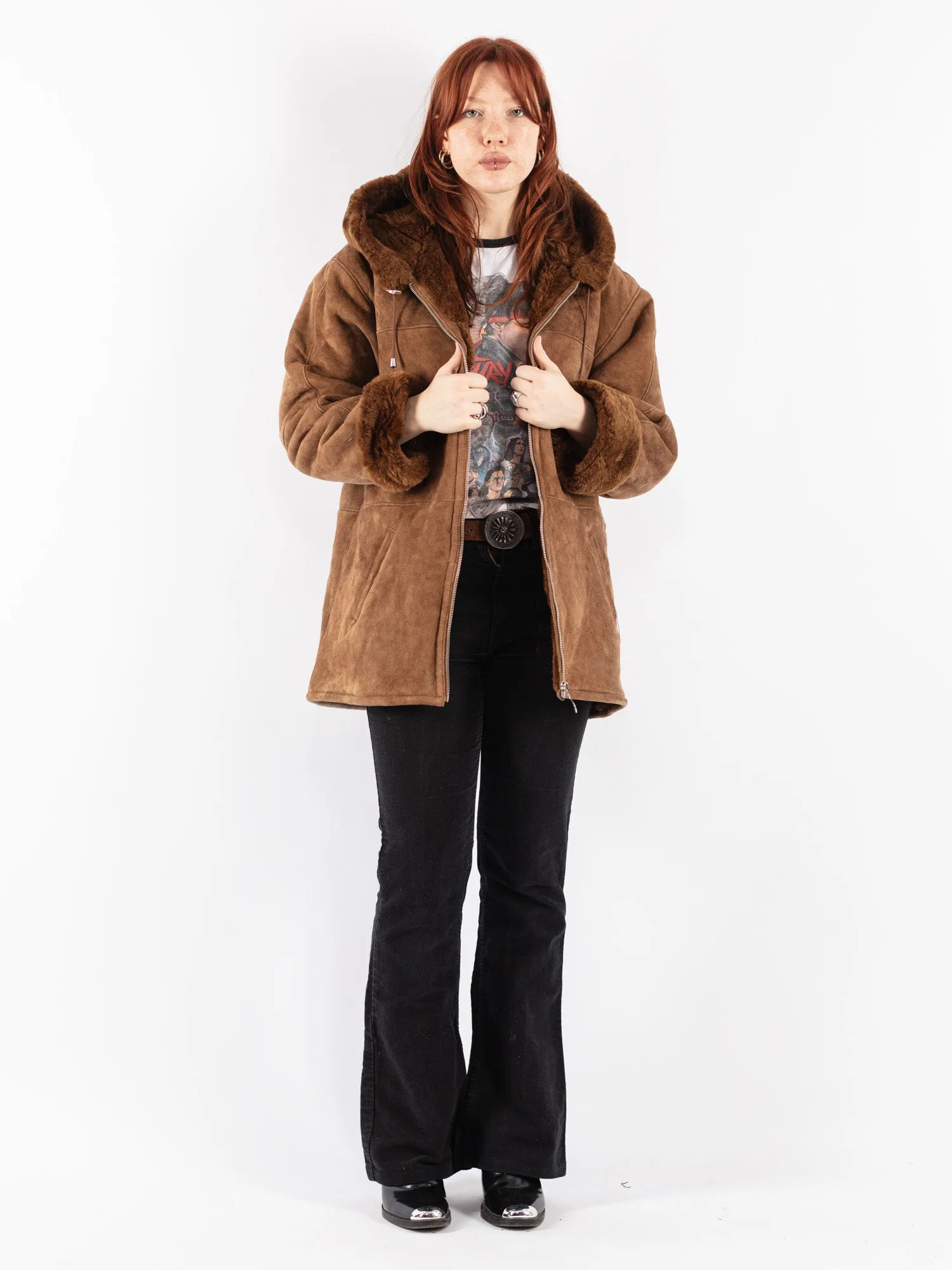 Vintage 90's Women Hooded Sheepskin Coat in Brown