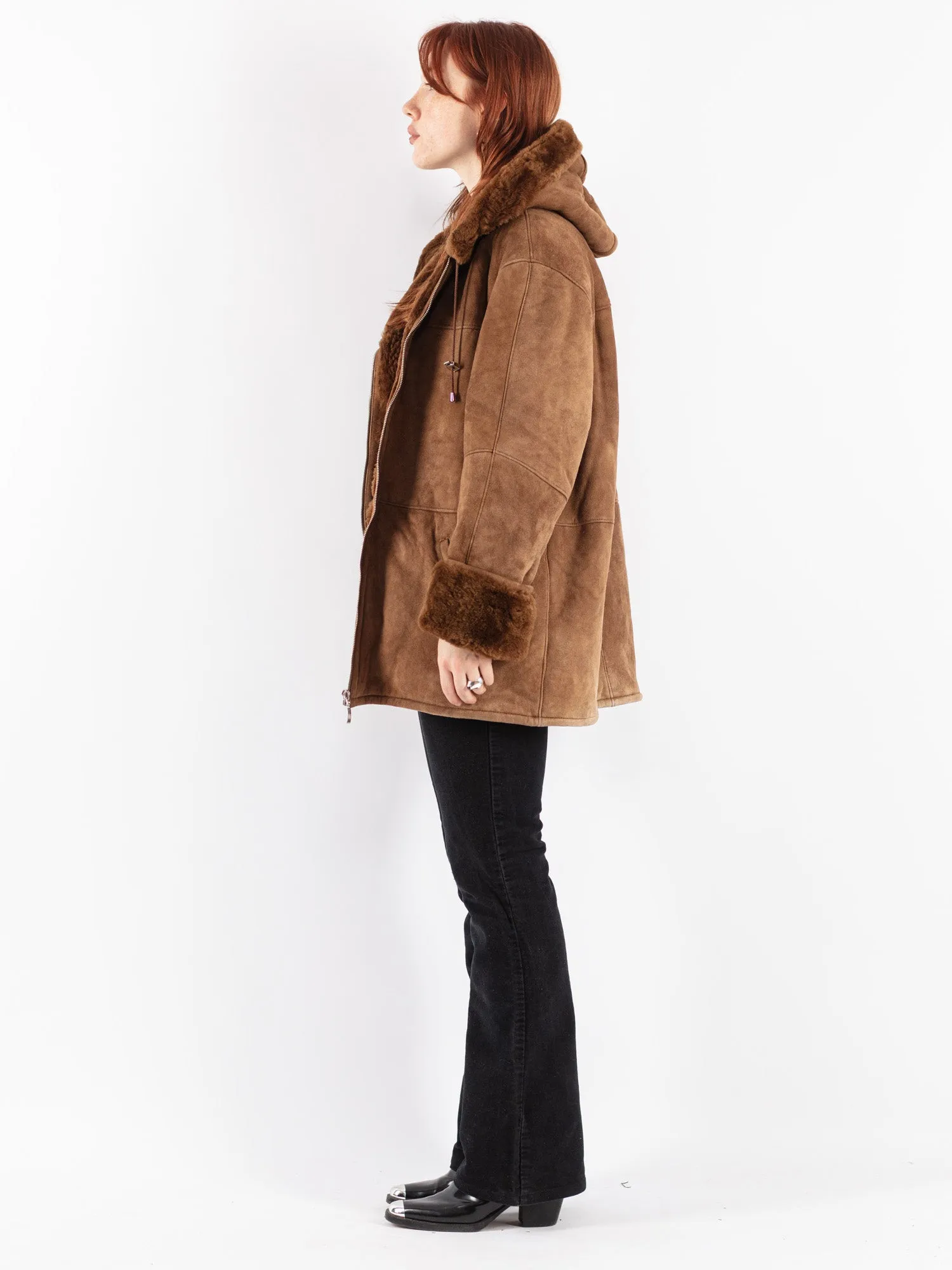 Vintage 90's Women Hooded Sheepskin Coat in Brown