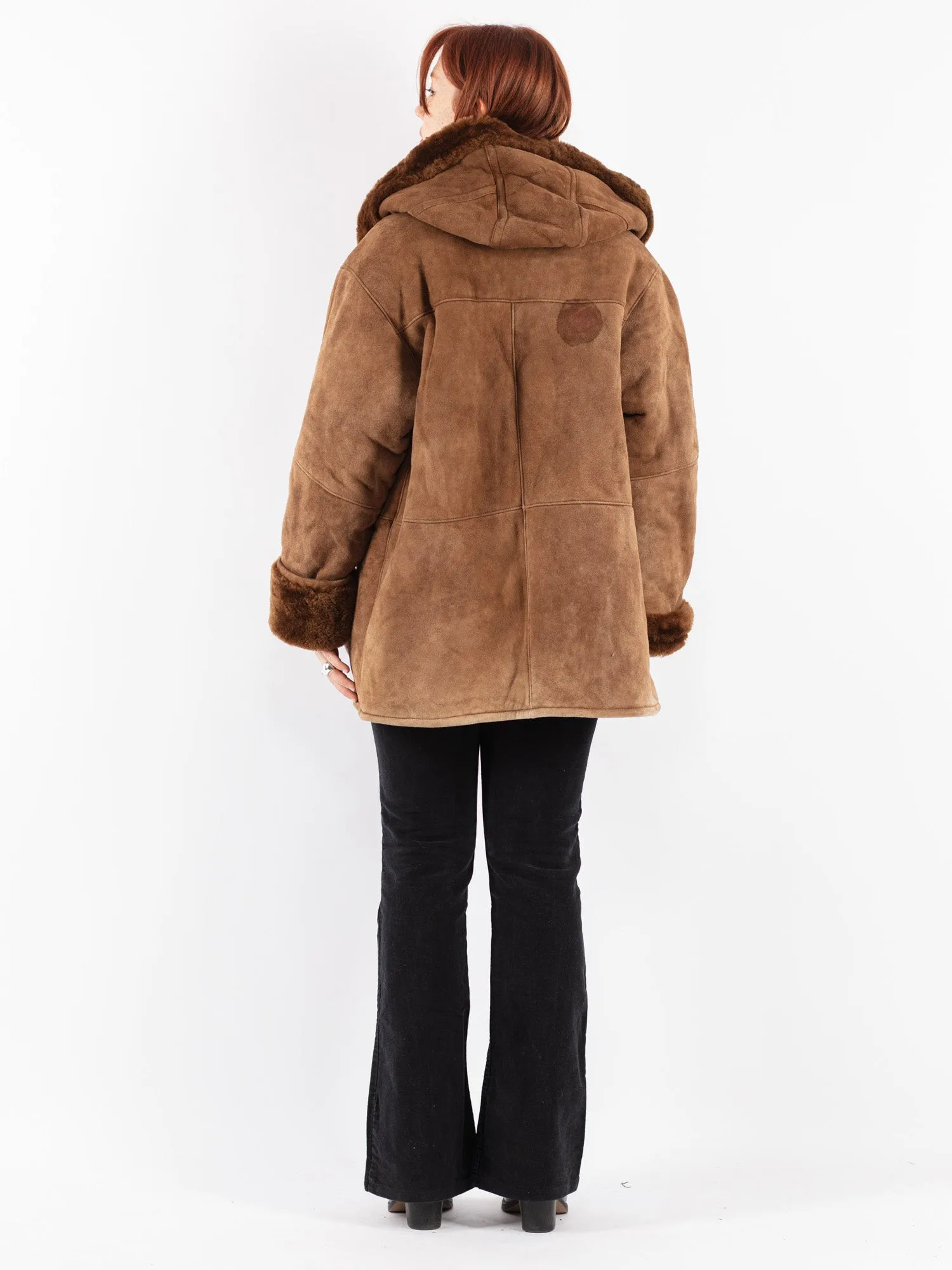 Vintage 90's Women Hooded Sheepskin Coat in Brown