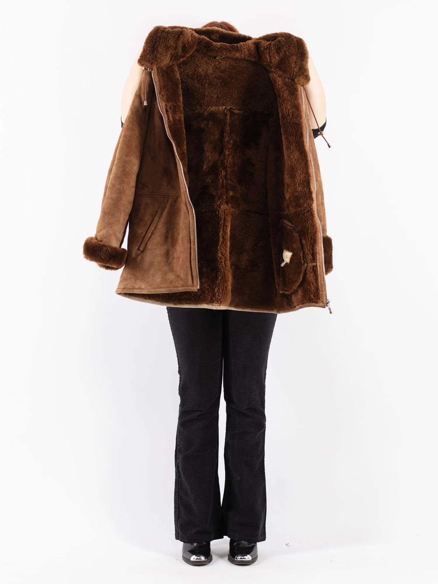 Vintage 90's Women Hooded Sheepskin Coat in Brown