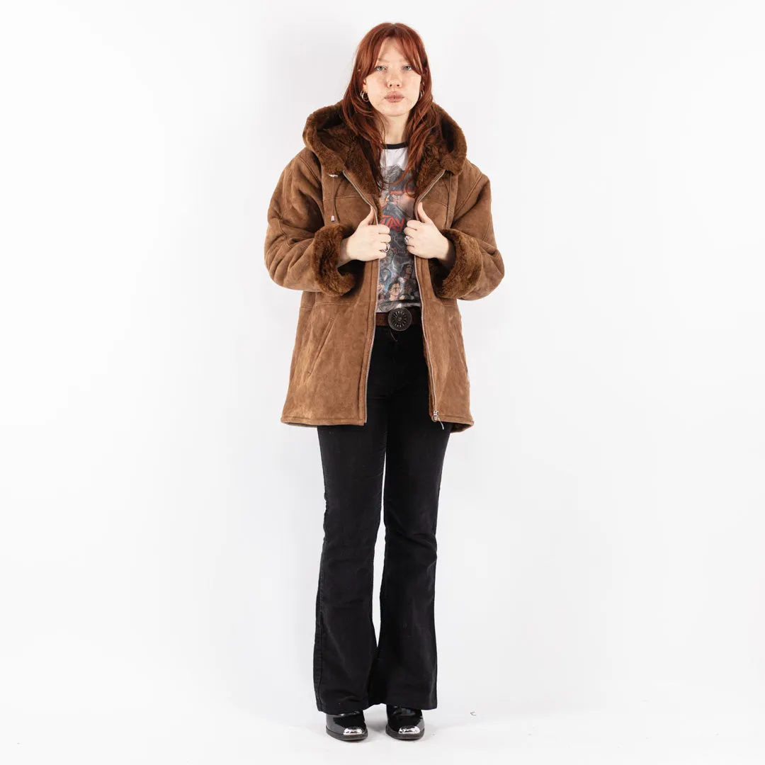 Vintage 90's Women Hooded Sheepskin Coat in Brown