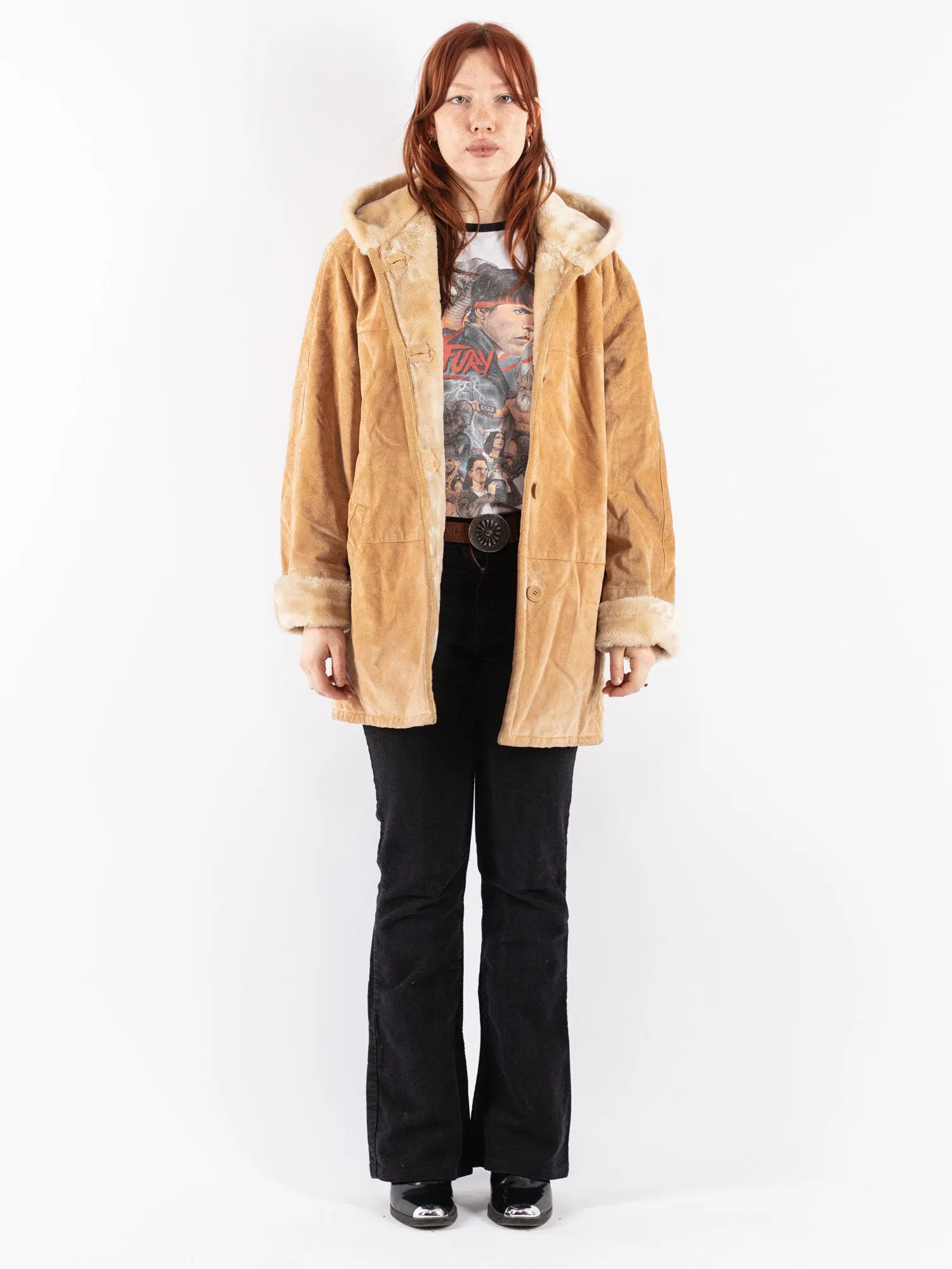 Vintage 90's Women Hooded Suede Sherpa Coat in Beige