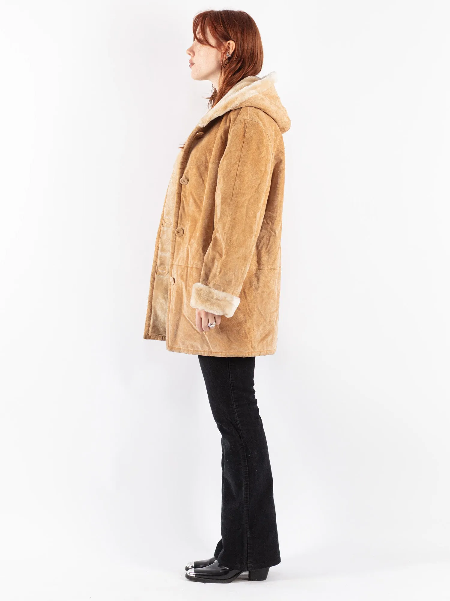 Vintage 90's Women Hooded Suede Sherpa Coat in Beige