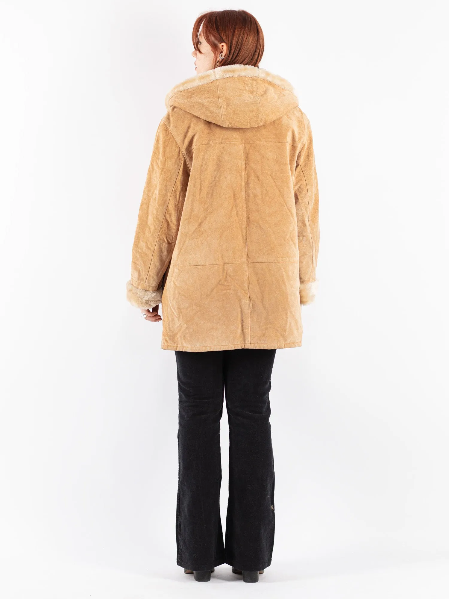 Vintage 90's Women Hooded Suede Sherpa Coat in Beige