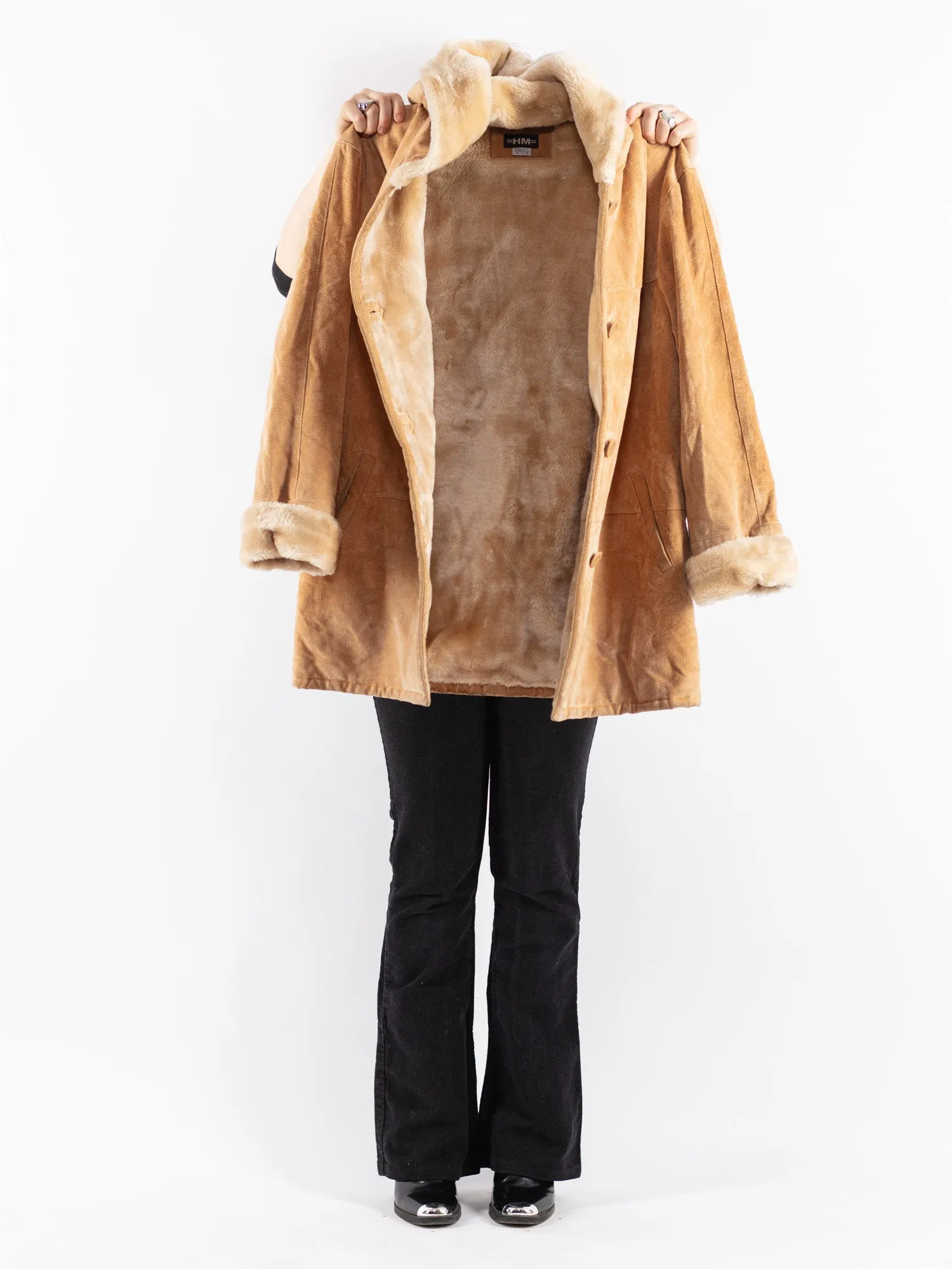 Vintage 90's Women Hooded Suede Sherpa Coat in Beige