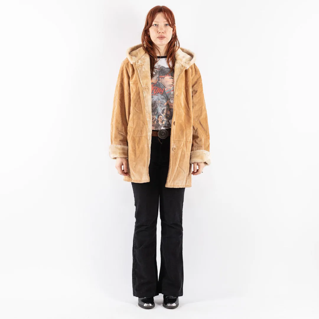 Vintage 90's Women Hooded Suede Sherpa Coat in Beige