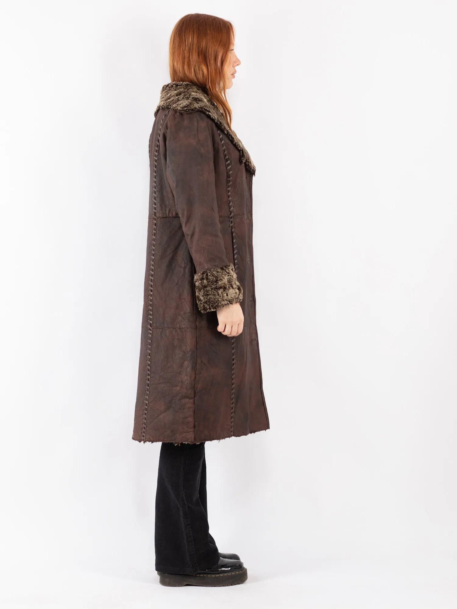 Vintage 90's Women Leather Sherpa Coat in Brown