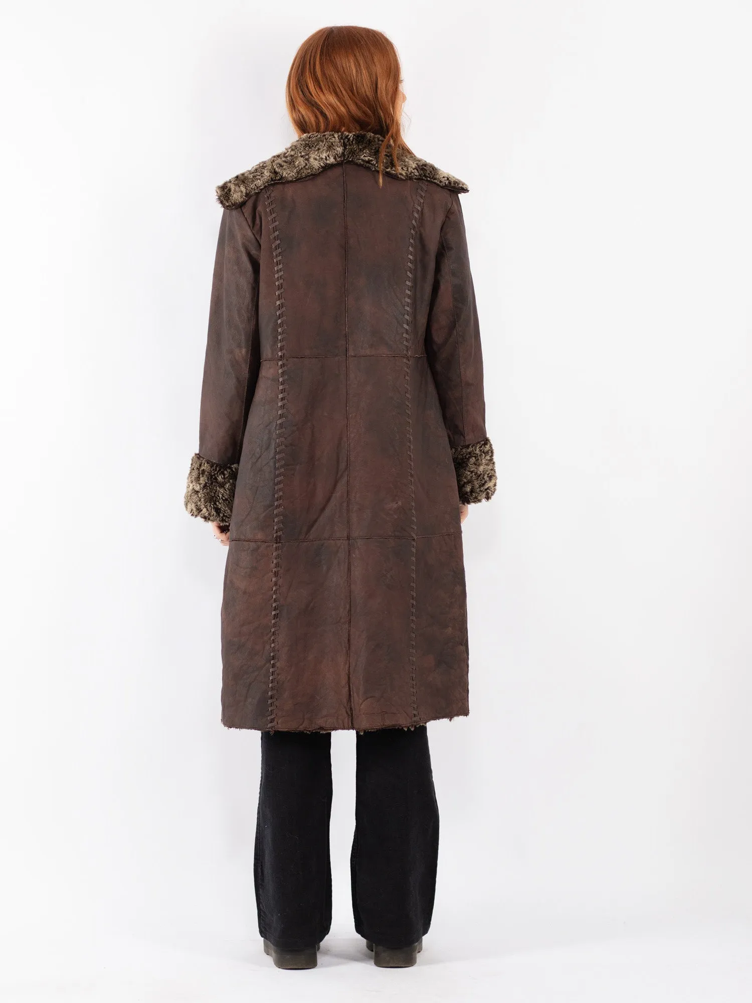 Vintage 90's Women Leather Sherpa Coat in Brown