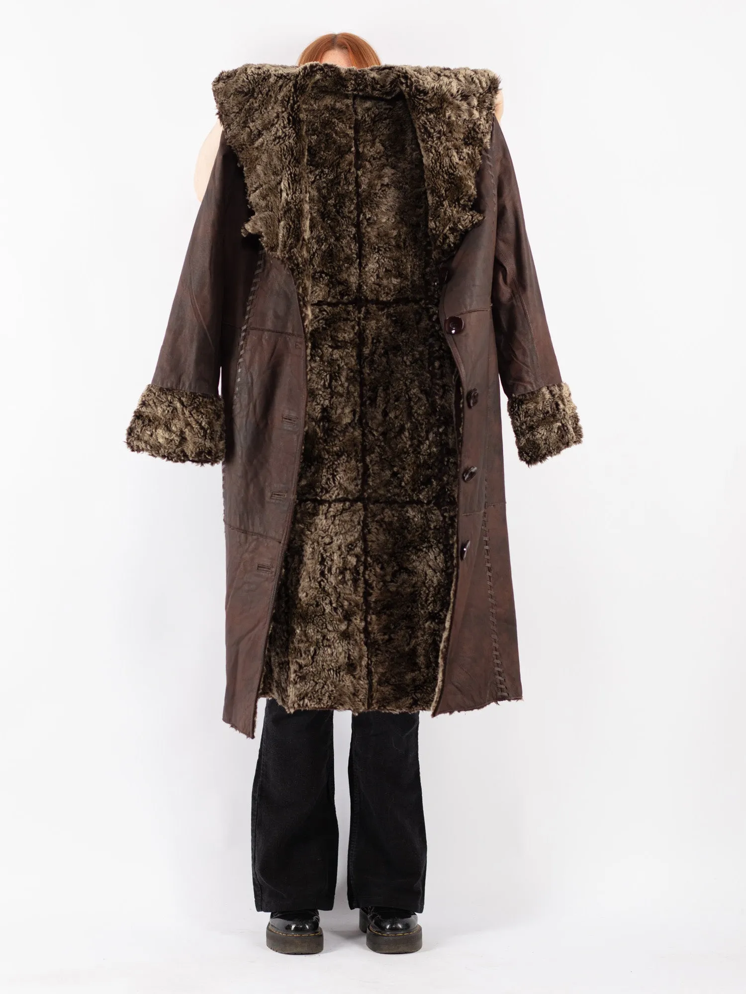 Vintage 90's Women Leather Sherpa Coat in Brown