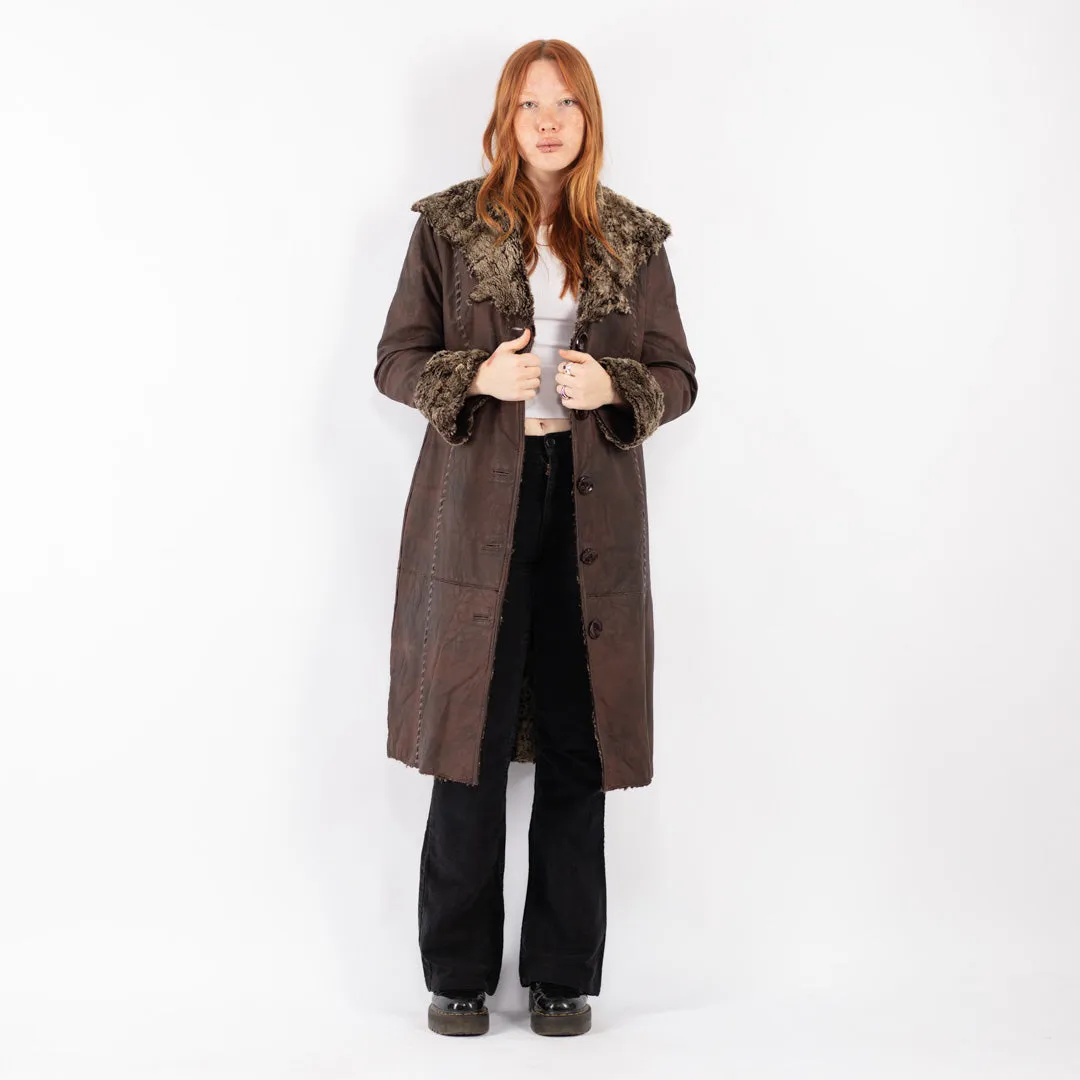 Vintage 90's Women Leather Sherpa Coat in Brown