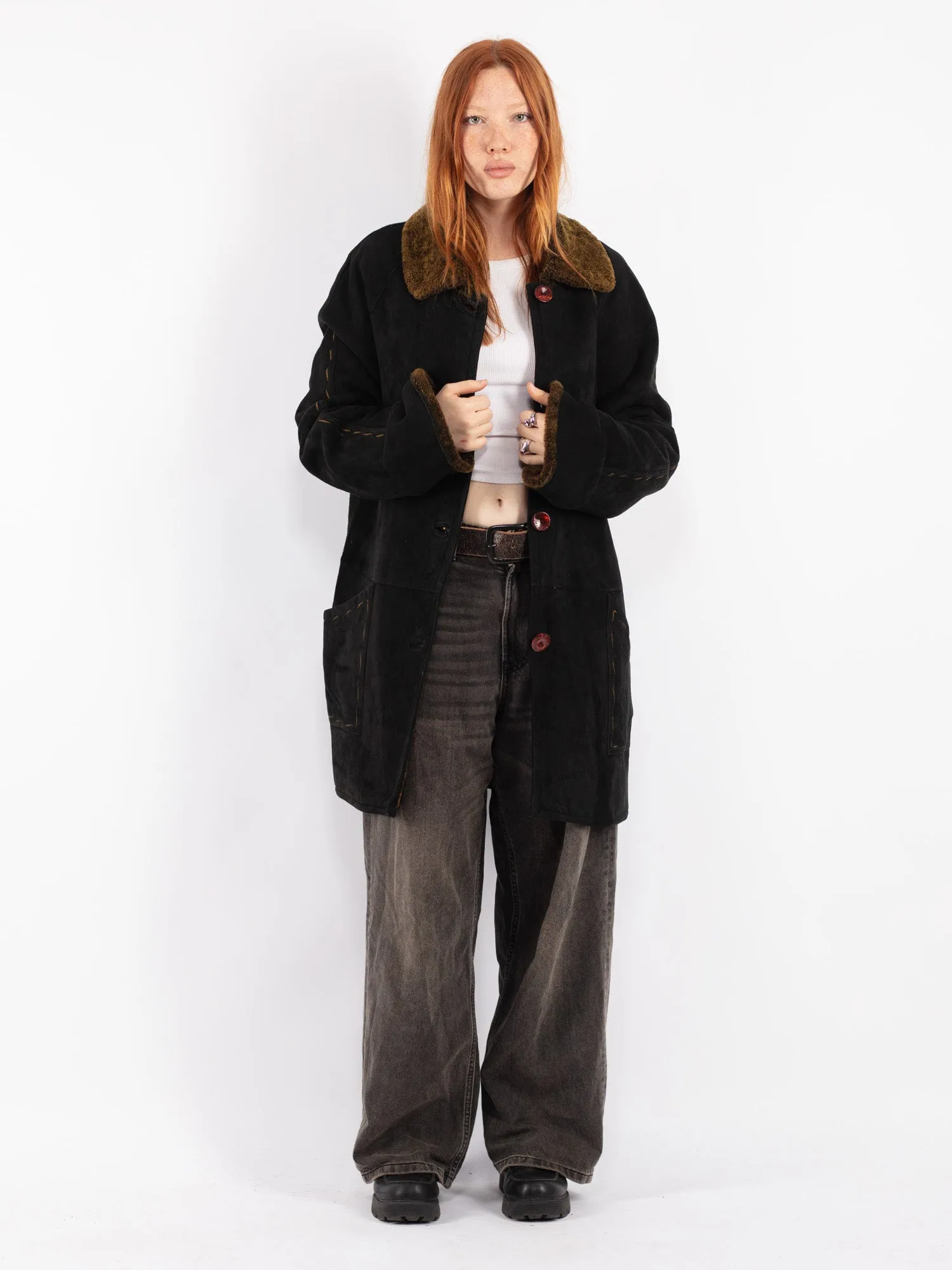 Vintage 90's Women Oversized Sheepskin Coat in Black