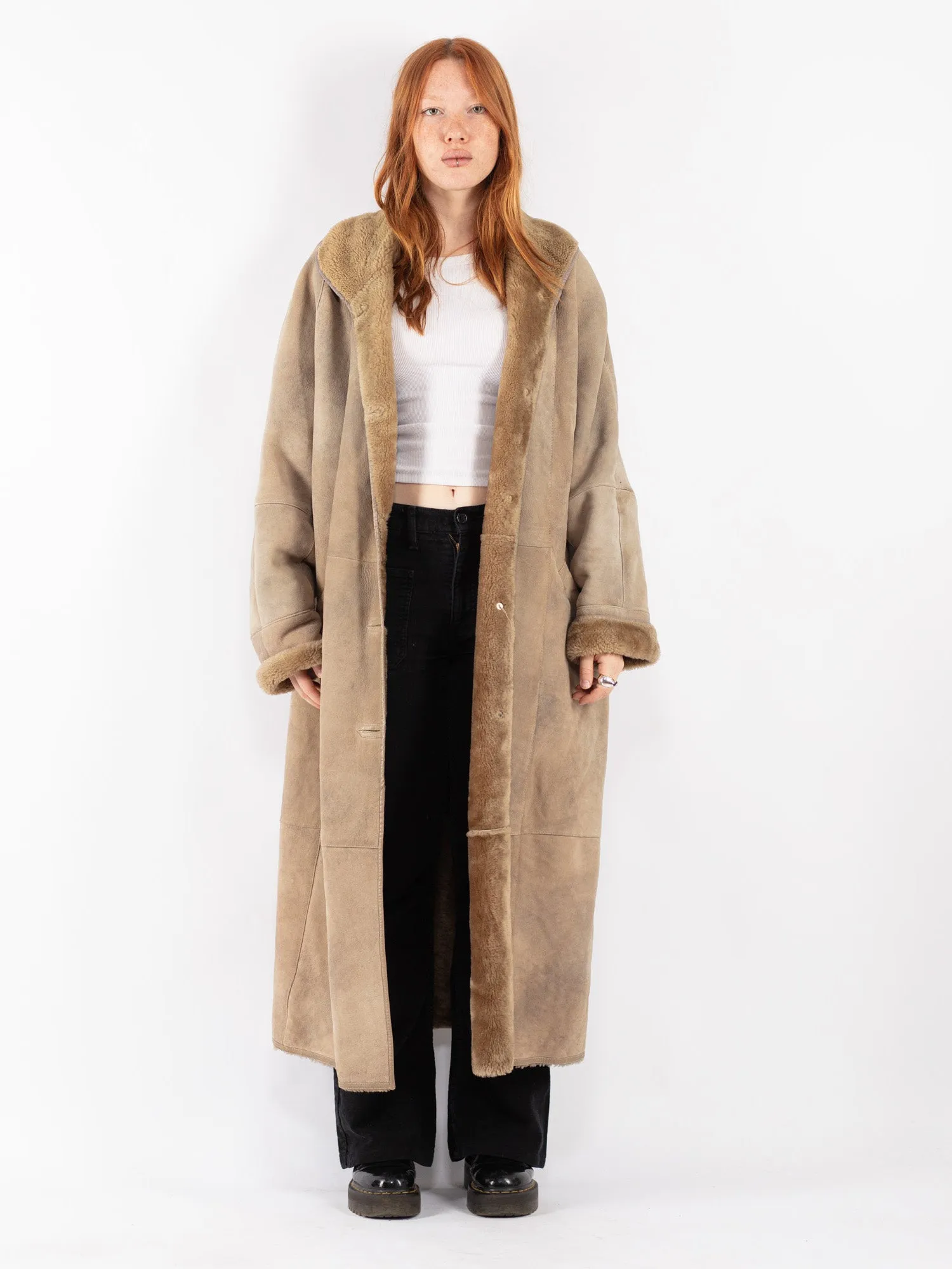 Vintage 90's Women Sheepskin Shearling Maxi Coat in Beige