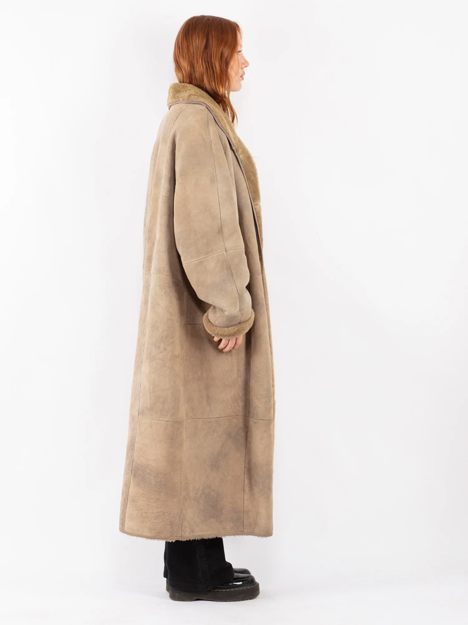 Vintage 90's Women Sheepskin Shearling Maxi Coat in Beige