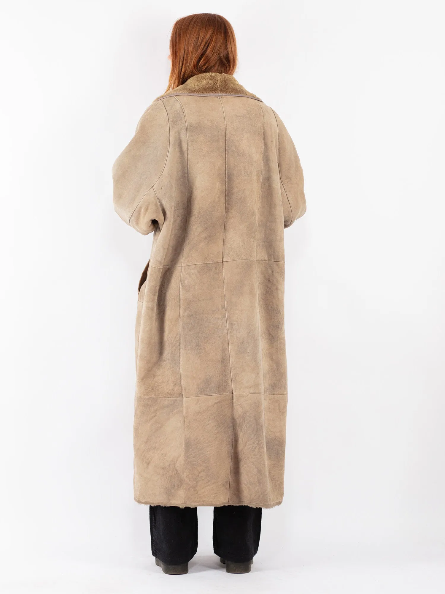 Vintage 90's Women Sheepskin Shearling Maxi Coat in Beige