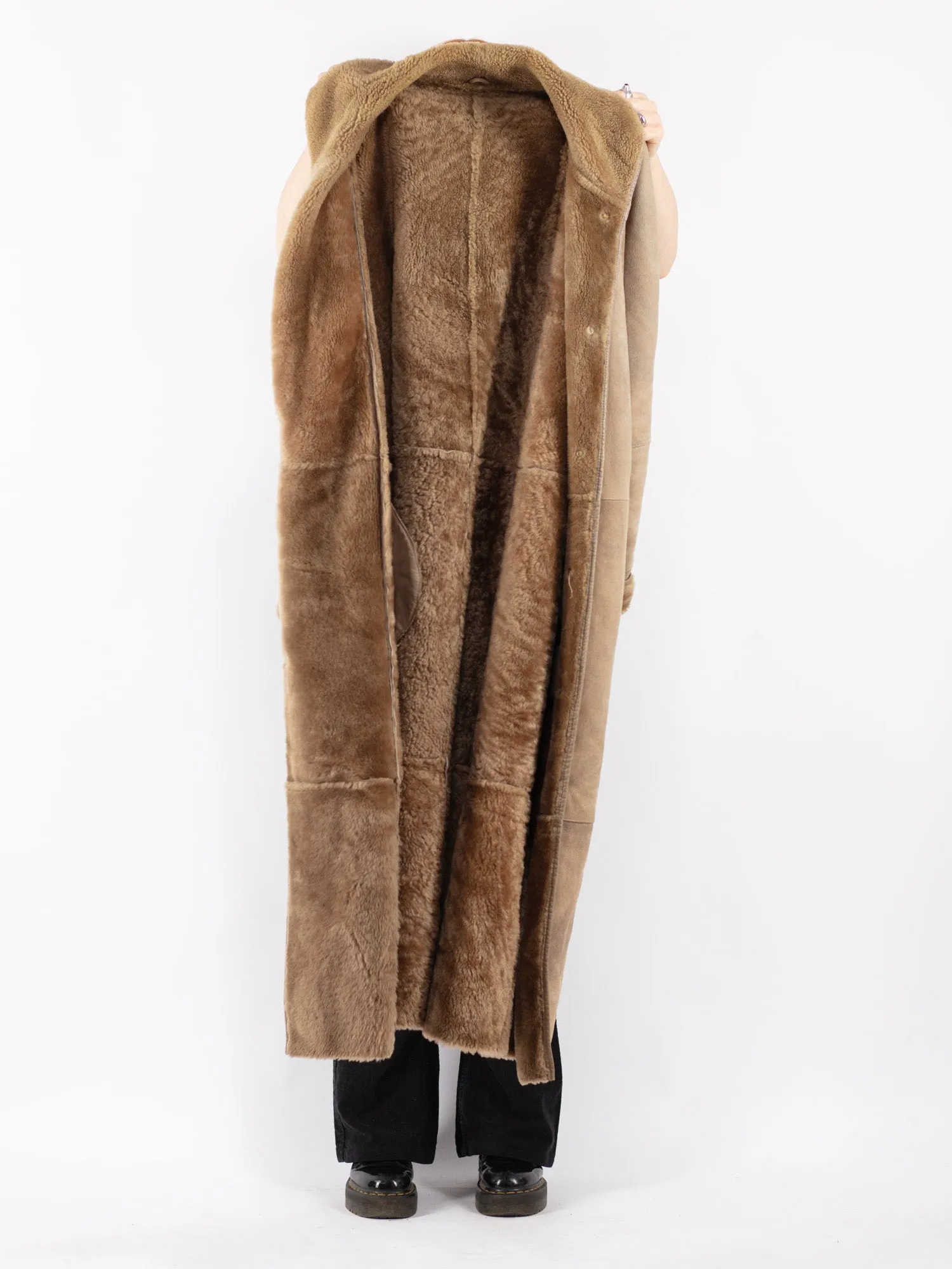 Vintage 90's Women Sheepskin Shearling Maxi Coat in Beige