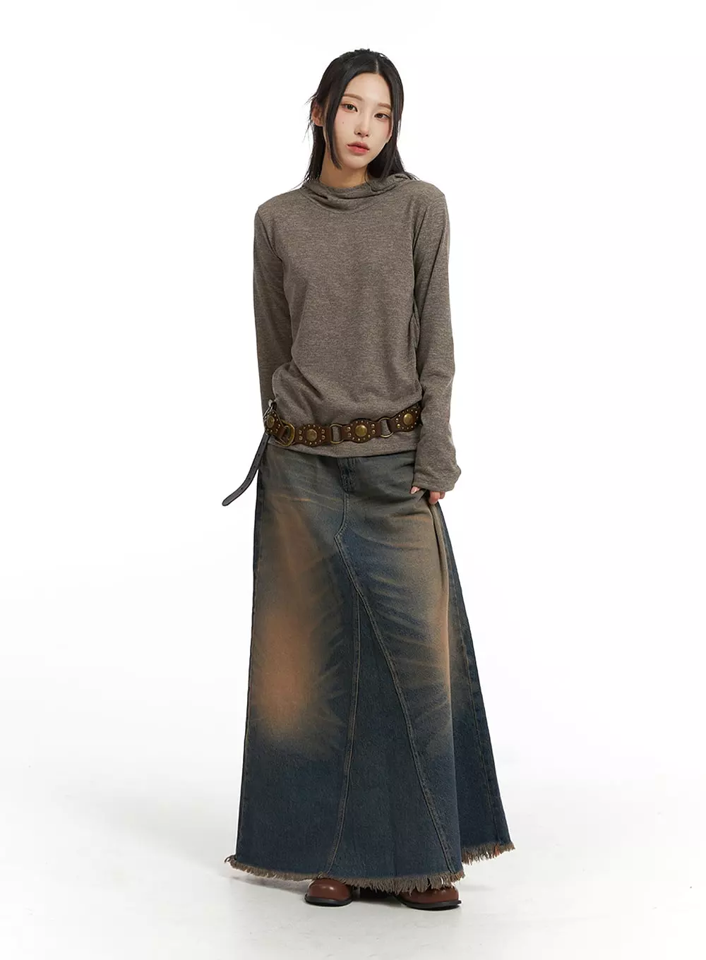 Washed Denim Maxi Skirt CJ418