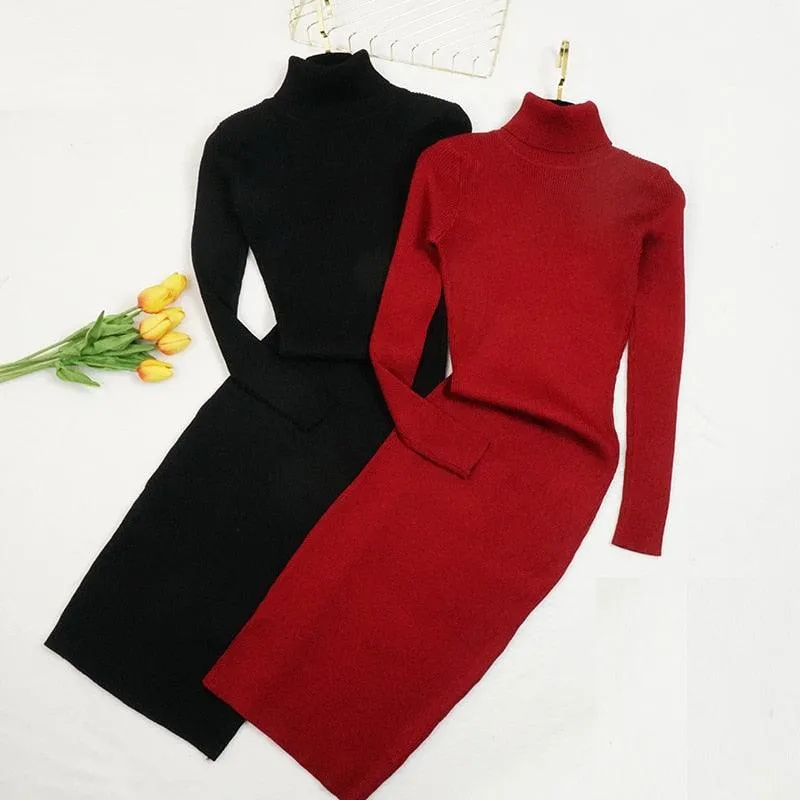 Winter Knitted Turtleneck Sweater Dress