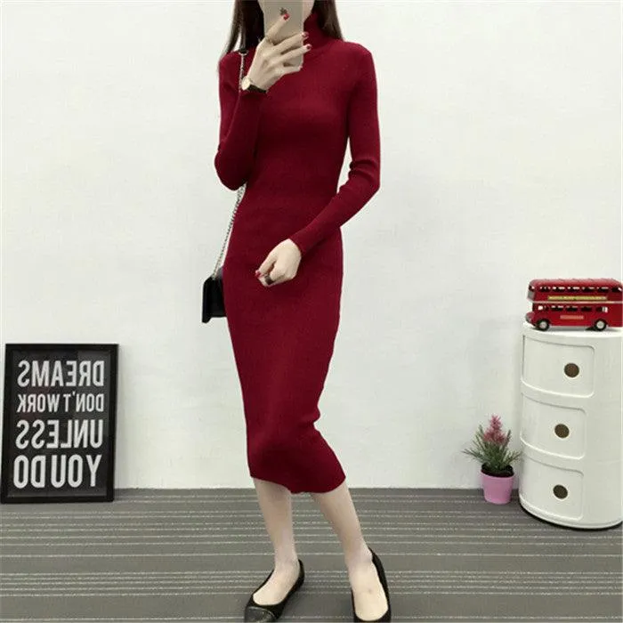 Winter Knitted Turtleneck Sweater Dress