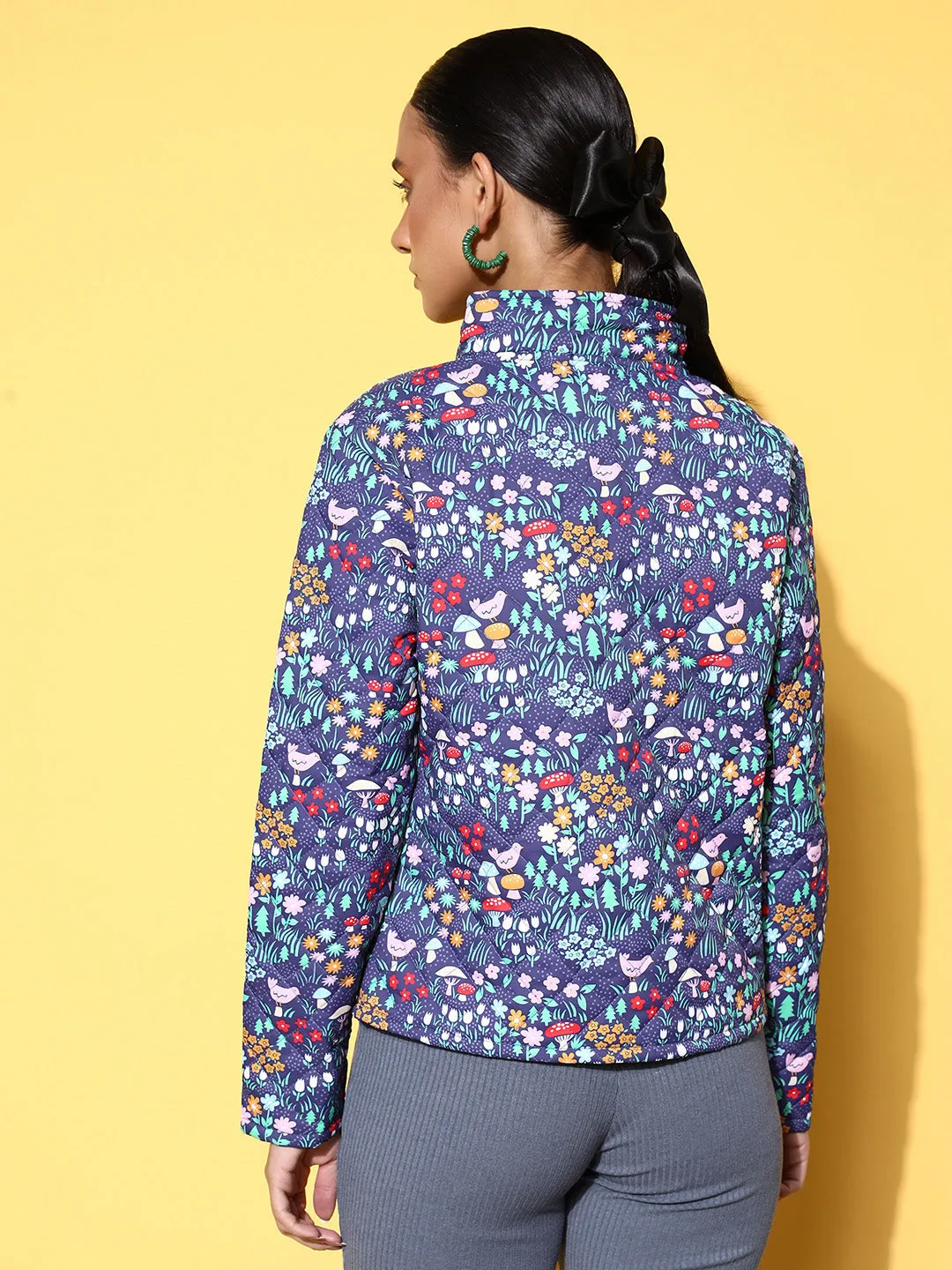 Women Purple Garden Floral Puffer Jacket