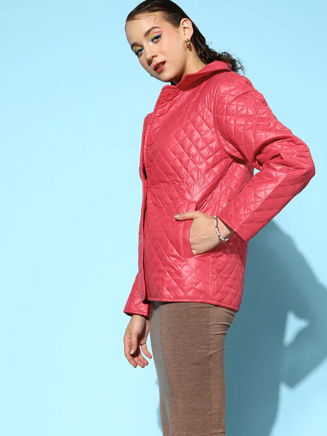 Women Red Collared Quilted Puffer Jacket